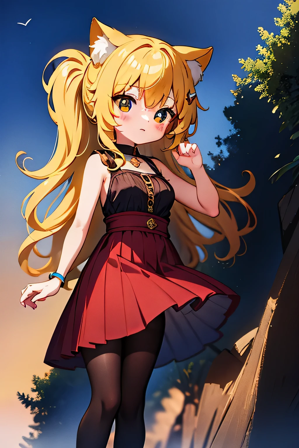 ((highest quality)), ((masterpiece)),1 girl, anime manga girl,charming cat girl, body type,very short height,mountain top,sunset