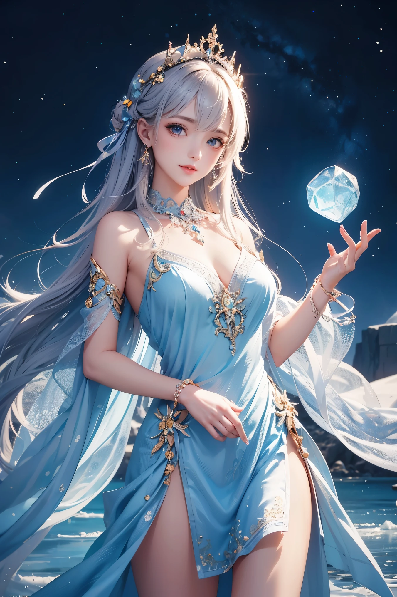 （masterpiece），（best quality），（super fine illustrations），（Beautiful and detailed eyes），{Very detailed light}，{}，{{Very detailed 8K CG wallpaper}}，1girl，solo，beautiful details ice，Beautiful detailed water，Ice Palace，Milky Way，gem，jewelry，necklace，