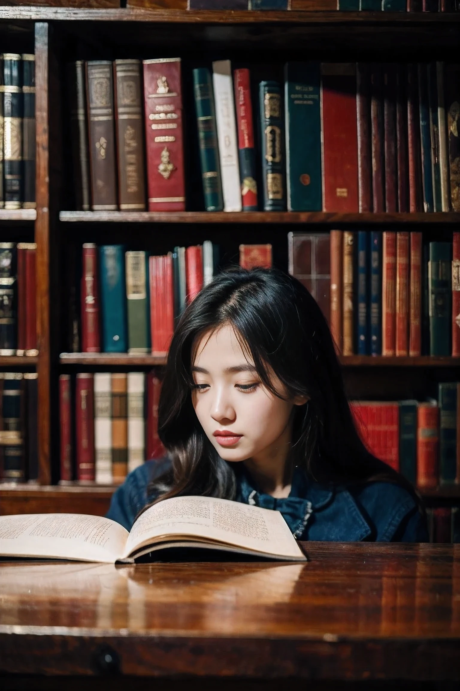 Realistic photography, 8k ,Beautiful woman with long hair ,library bookshelf