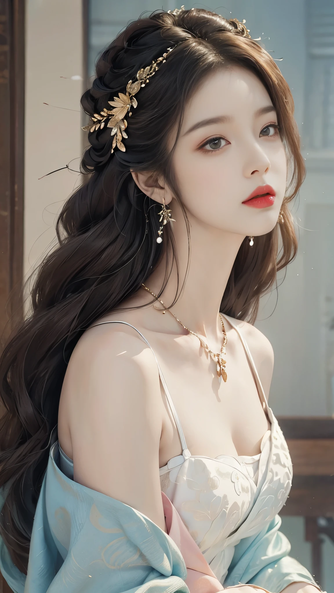 ((whole body)), ((from below)), Yushuxin,1 girl,alone, ((stand up, leaning on ledge)), ((lean forward)), ((The features are clear, clear face, clear face)), red lips, cosmetics, close-up, elegant姿势, seductive pose, Perfect Curve, Slim, Sexy, big breasts, split, beautiful legs, charming gaze, bite lip, messy long hair, Simple and casual scene, Very detailed, Ultra-clear, best quality, official art, exquisite earrings, exquisite necklace, Very detailed description, Super beautiful painting, Sophisticated functionality, elegant, beautiful, Super fine details, masterpiece, Authentic texture, Realistic movie lighting, masterpiece, best quality