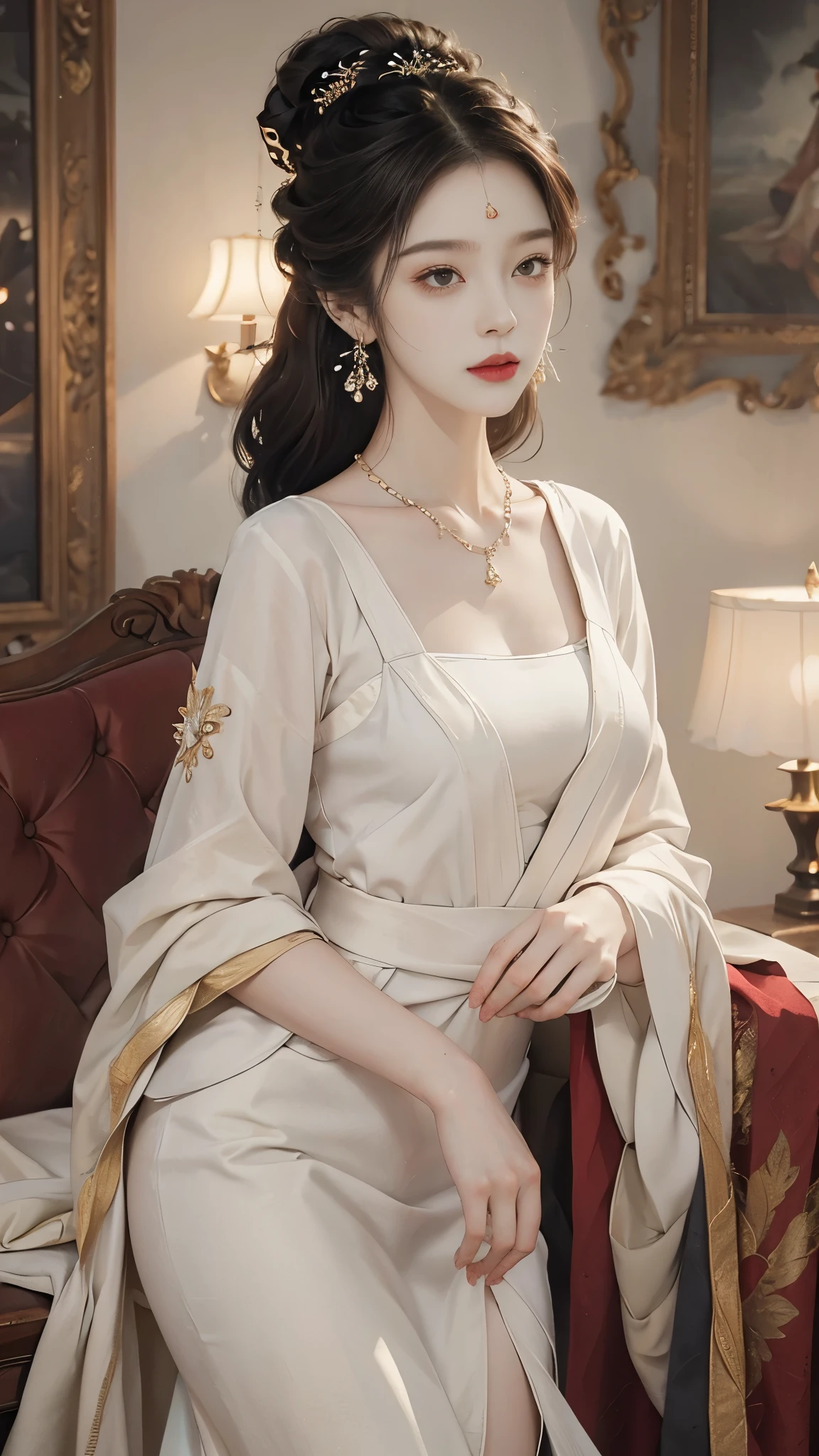 ((whole body)), ((from below)), Yushuxin,1 girl,alone, ((stand up, leaning on ledge)), ((lean forward)), ((The features are clear, clear face, clear face)), red lips, cosmetics, close-up, elegant姿势, seductive pose, Perfect Curve, Slim, Sexy, big breasts, split, beautiful legs, charming gaze, bite lip, messy long hair, Simple and casual scene, Very detailed, Ultra-clear, best quality, official art, exquisite earrings, exquisite necklace, Very detailed description, Super beautiful painting, Sophisticated functionality, elegant, beautiful, Super fine details, masterpiece, Authentic texture, Realistic movie lighting, masterpiece, best quality