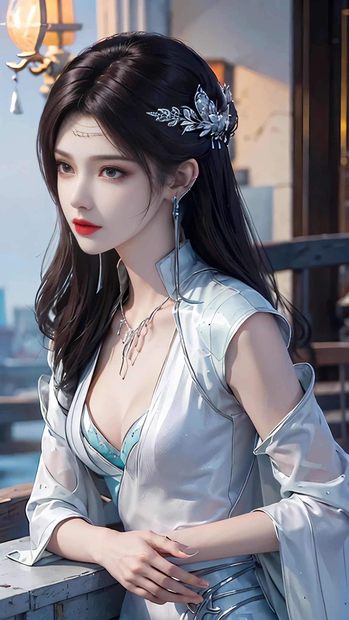 ((whole body)), ((from below)), Yushuxin,1 girl,alone, ((stand up, leaning on ledge)), ((lean forward)), ((The features are clear, clear face, clear face)), red lips, cosmetics, close-up, elegant姿势, seductive pose, Perfect Curve, Slim, Sexy, big breasts, split, beautiful legs, charming gaze, bite lip, messy long hair, Simple and casual scene, Very detailed, Ultra-clear, best quality, official art, exquisite earrings, exquisite necklace, Very detailed description, Super beautiful painting, Sophisticated functionality, elegant, beautiful, Super fine details, masterpiece, Authentic texture, Realistic movie lighting, masterpiece, best quality