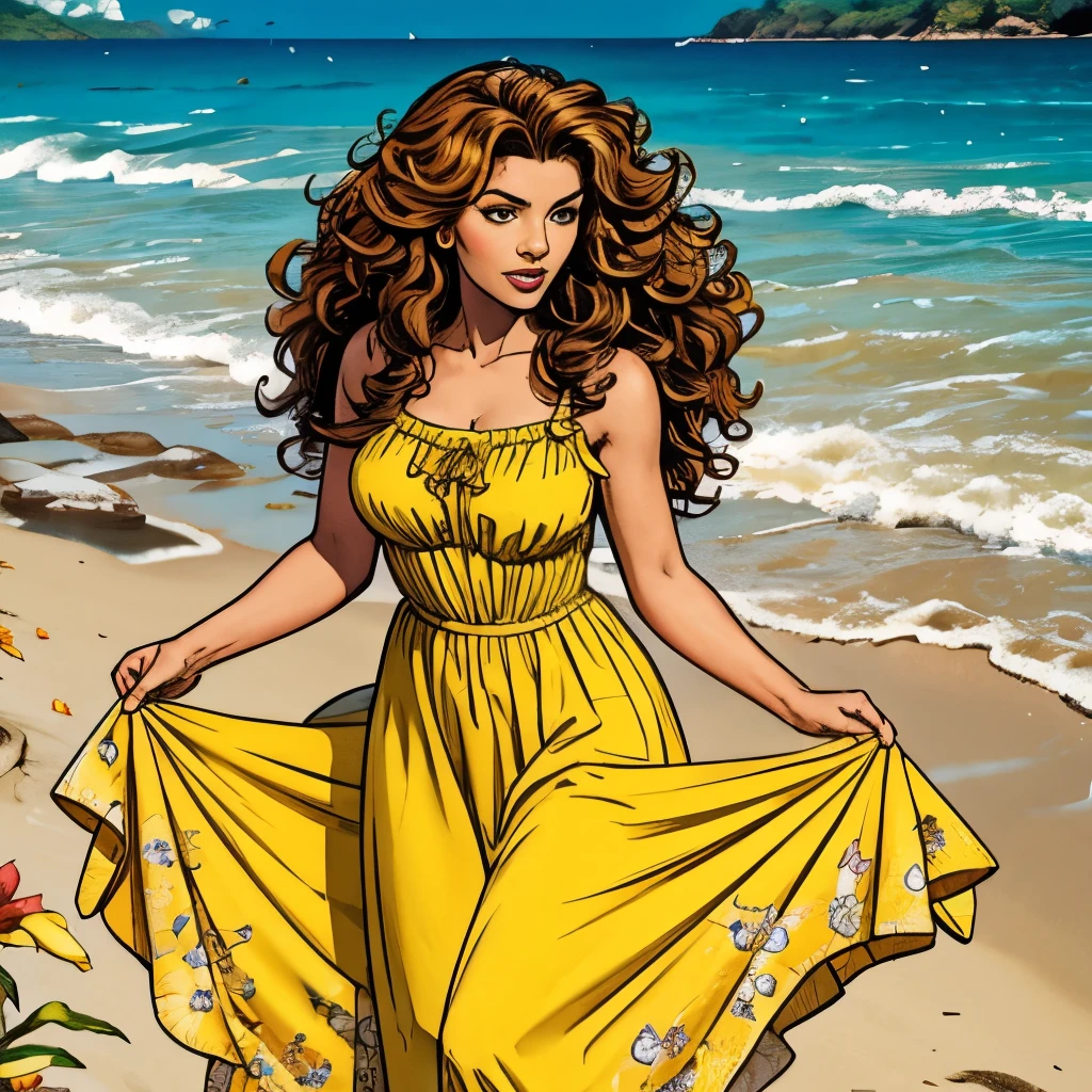 Gorgeous and sultry busty athletic (thin) brunette with sharp facial features and a (large nose) and (huge boobs) wearing a pale yellow sundress, hairband, long dress, skindentation, cleavage, park, lake, picnic