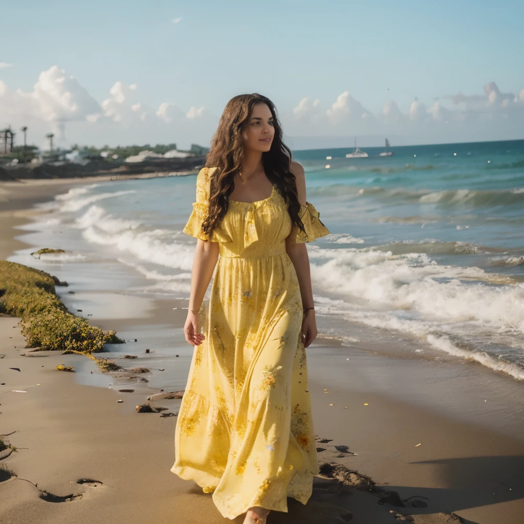 34 year old woman, long curly hair Breed, yellow dress with flowers, beach background 