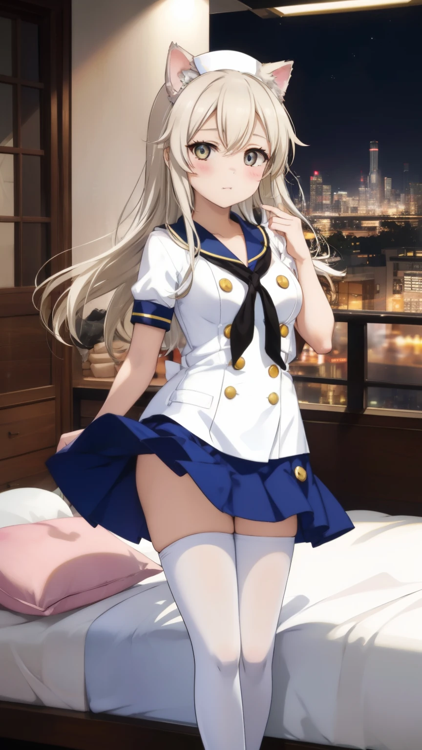 Shimakaze、table top、High resolution、many girls multiple girls、large crowd、lots of cute girls、big and full breasts、naughty body、See-through、throw、、whole body、Are standing、Look up at me、confused face、blush、embarrassing、Excited、white breath、black pantyhose、female shape&#39;Private parts are clearly visible、I can see your nipples、white skirt、micro mini skirt、very short skirt、hospital、hospital room、Many people々々々々、in the crowd、bare chest、show your chest、Upper grade、A lot of milk comes out from the nipples、Breast milk gushes from the nipple、white nurse uniform、cat ears nurse uniform、white one-piece nurse uniform、Bangs that cover one eye、pink hairpin、sit on bed、white sandals、white pantyhose、open your legs、open thighs、emphasize the chest、chest to chest、night viewが見える部屋、night view、cat pose