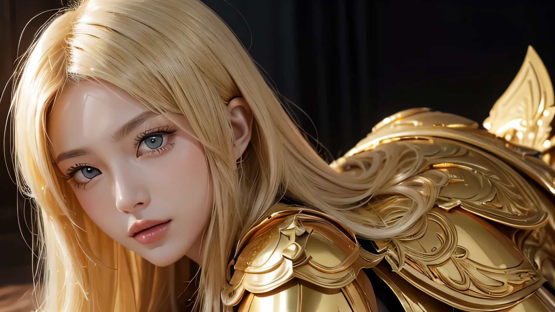 Attractive Russian model Nata Lee, bright blonde hair, Close-up of a woman in golden costume with white cloak, Beautifully patterned gold armor, Sailor Galaxy, god emperor of mankind, golden armor, Saint Seiya, gold paladin, Light gold armor, welcome, golden armorを着ている, golden armorを着て, gold armor, golden armorを着ている, The welcomes of gold, charismatic, model'stance of,The whole body shines like a diamond、(Lie:1.3)