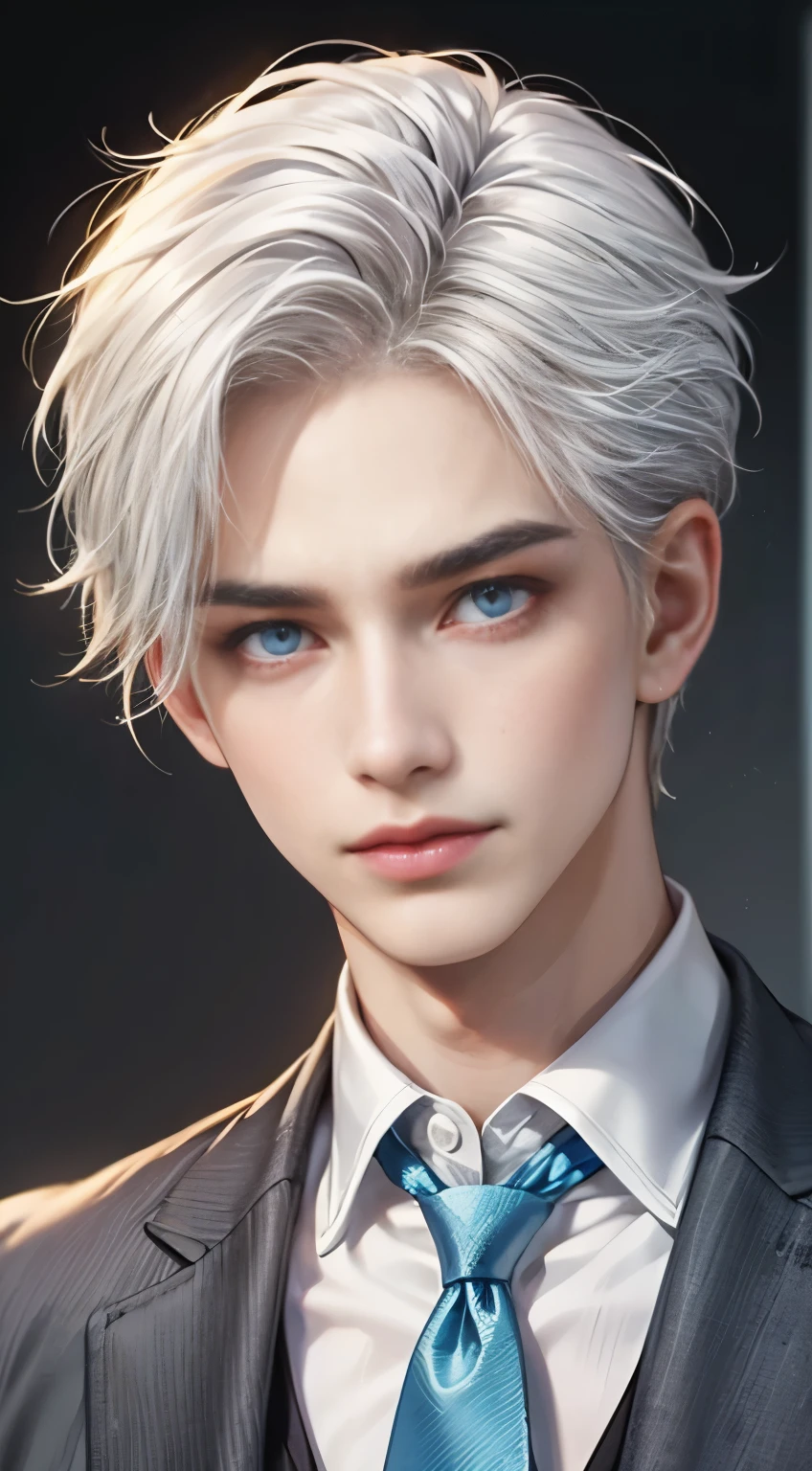 Boy, white hair, blue eyes, serious sharp features, white skin, school uniform