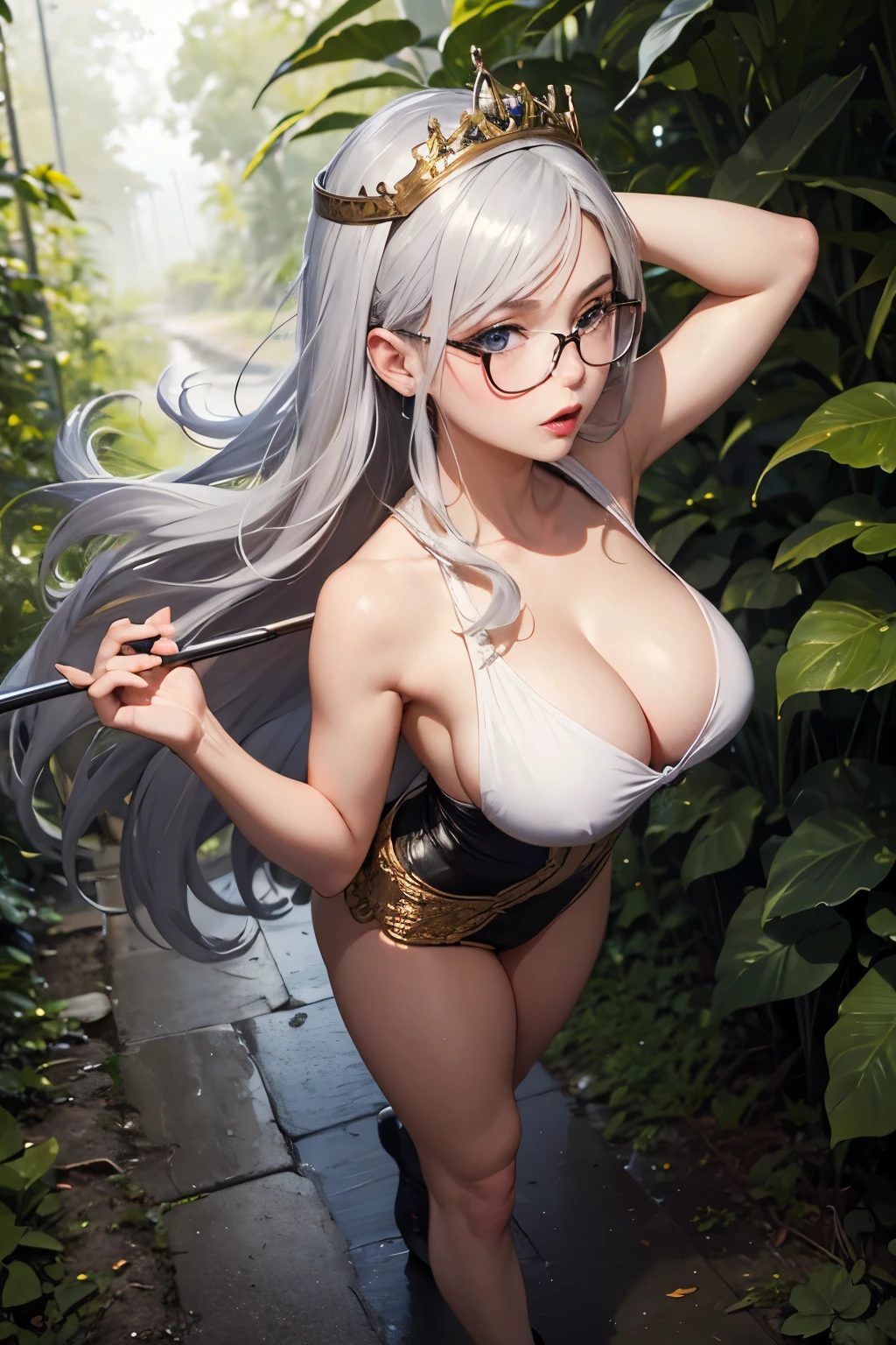 ((best quality)), ((masterpiece)), (detailed), perfect seductive face a beautiful white-toned girl with black and silver hair wearing glasses and tight golden clothes, blue eyes, glossy skin. detailed skin, pink lips with a spear in hand a tiara on her head, full body walking in a dense jungle showing  her cleavage from the front angle