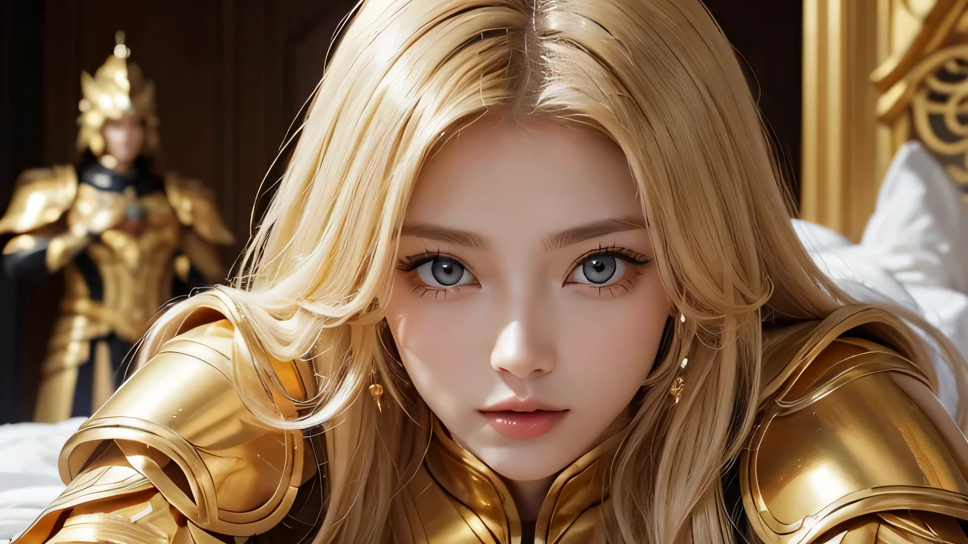 Attractive Russian model Nata Lee, bright blonde hair, Close-up of a woman in golden costume with white cloak, Beautifully patterned gold armor, Sailor Galaxy, god emperor of mankind, golden armor, Saint Seiya, gold paladin, Light gold armor, welcome, golden armorを着ている, golden armorを着て, gold armor, golden armorを着ている, The welcomes of gold, charismatic, model'stance of,The whole body shines like a diamond、(Lie:1.3)