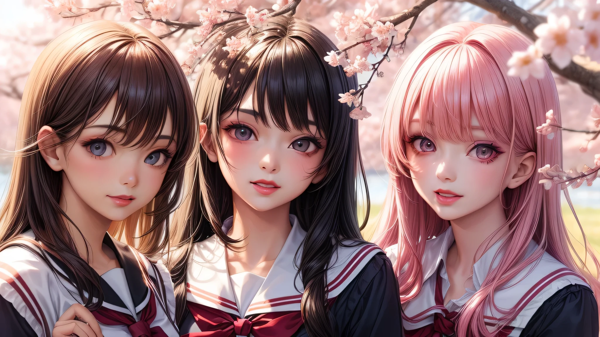 (2 girls:1.2), incredibly beautiful face, compensate, lipstick, enchanting smile, (school uniform, mini skirt:1.2), (highest quality: 1.4), (Super detailed), (highest quality:1.4), (super detailed), evening, (anime illustration), very high resolution, (Upper body), close up face, cherry blossoms, cherry blossoms, school anime, 