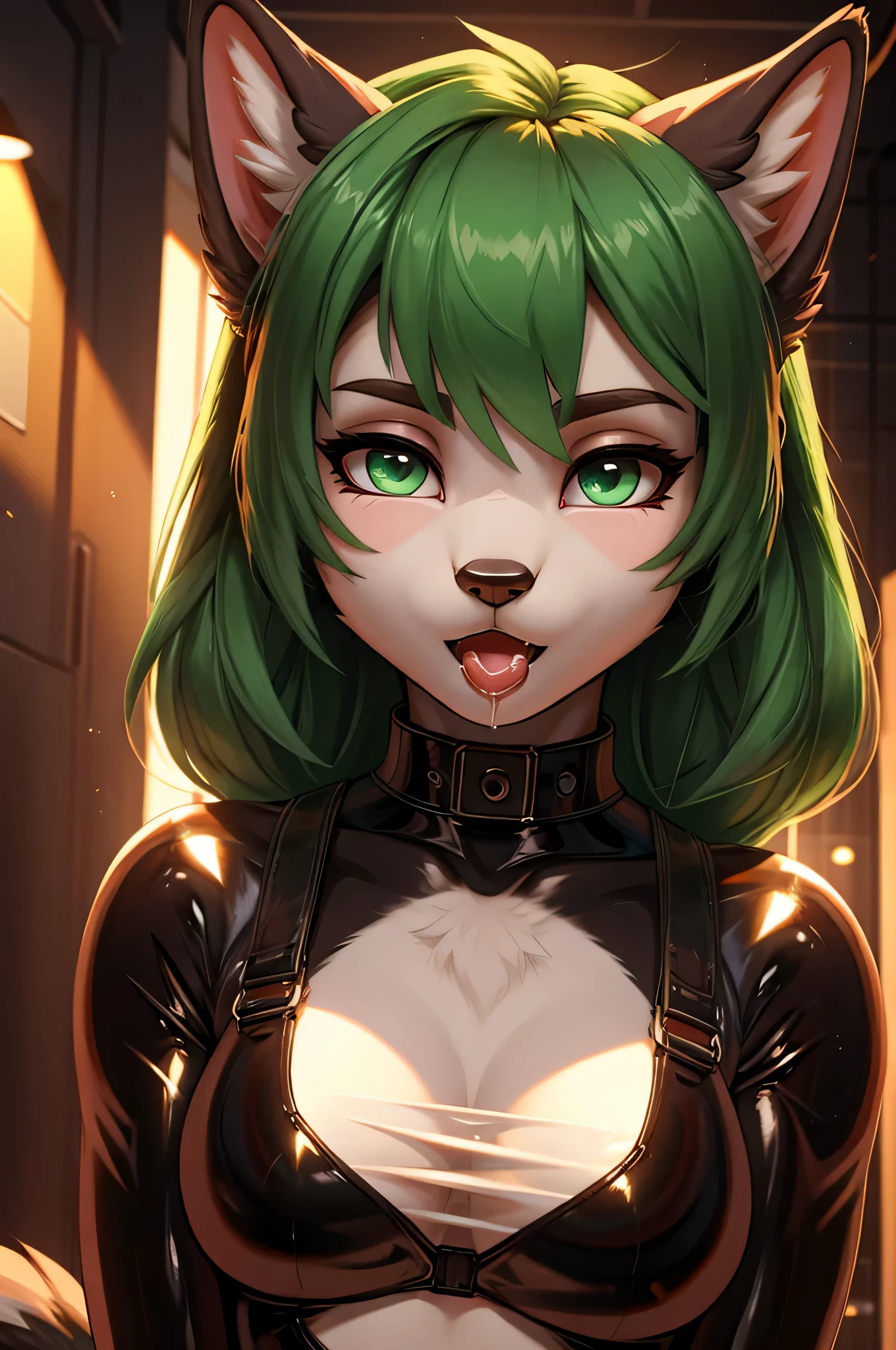 beautiful, (masterpiece), 最high quality, (extremely get used to it face), extremely get used to it eyes, perfect lighting, overall details, get used to it, deep skin, slicked back hair, long hair, green hair, type of eyes, slicked back hair, elbow bag, alone, looking at the viewer, one hand, verbal invitation, lifting shirt, saliva, saliva trail, latex suit, spy lady, wearing tight latex suits, high quality, Super high quality, Highly detailed CG Unity 8k wallpaper, High resolution, close up face, bondage suit, shiny bondage, cool girl, dog girl, cat girl