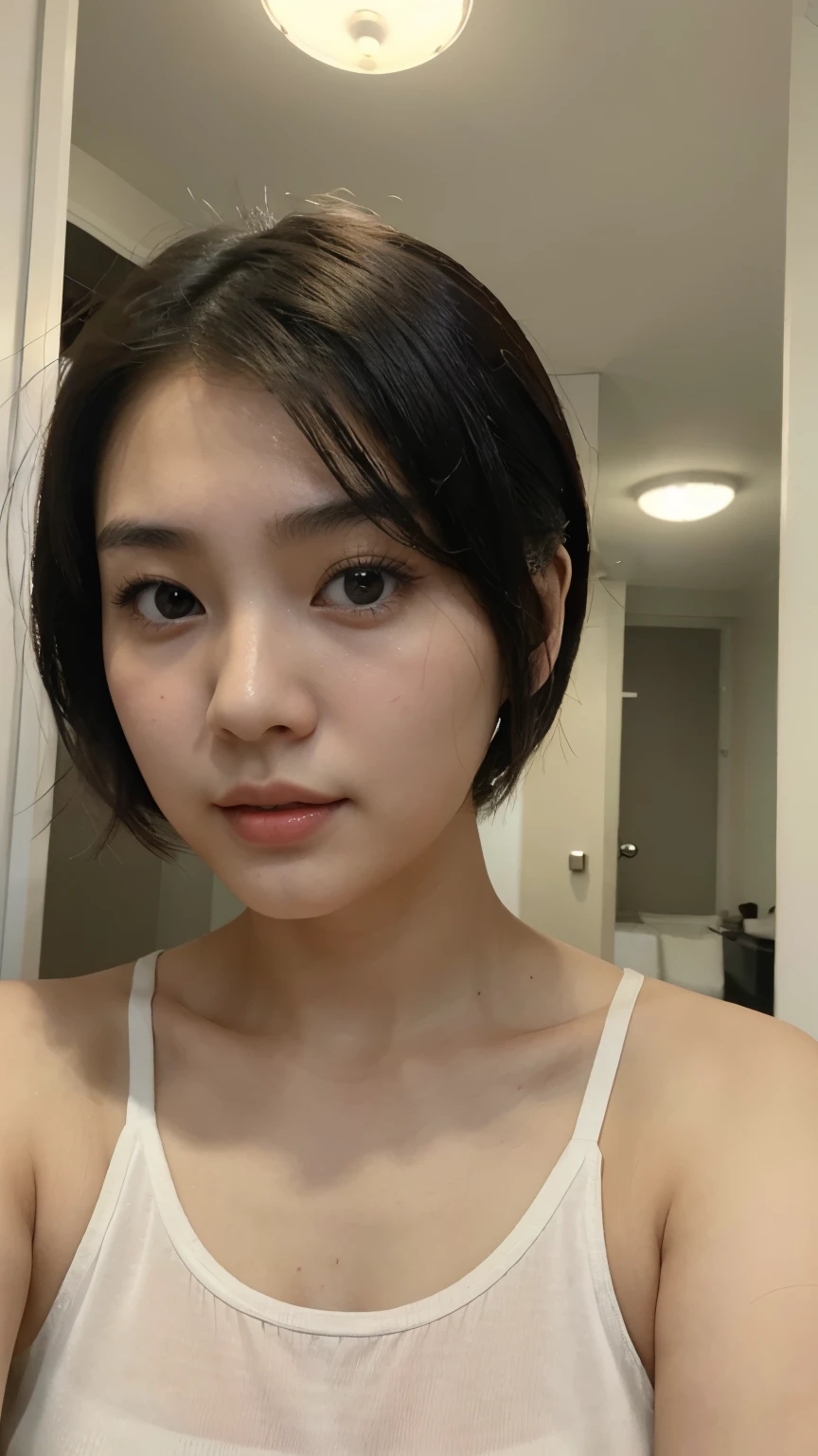 Chinese girl (17 ylfies, inside a room, night time ((best quality)), ((masterpiece)), (detailed), perfect face, ((white bed with gray walls, lamp turn off))((short hair, chubby face, asian, Chinese girl)) close up selfie, Close-up of a woman in a white tank top posing for a photo, chinese girl, gorgeous young Chinese woman, beautiful Chinese woman, beautiful young chinese woman, Cute girl - well-groomed face, young adorable korean face, face of young cute asian man, Nam Jae Young, That's a cute Korean face, nice delicate face, Ulzzang, cute - well-groomed - face