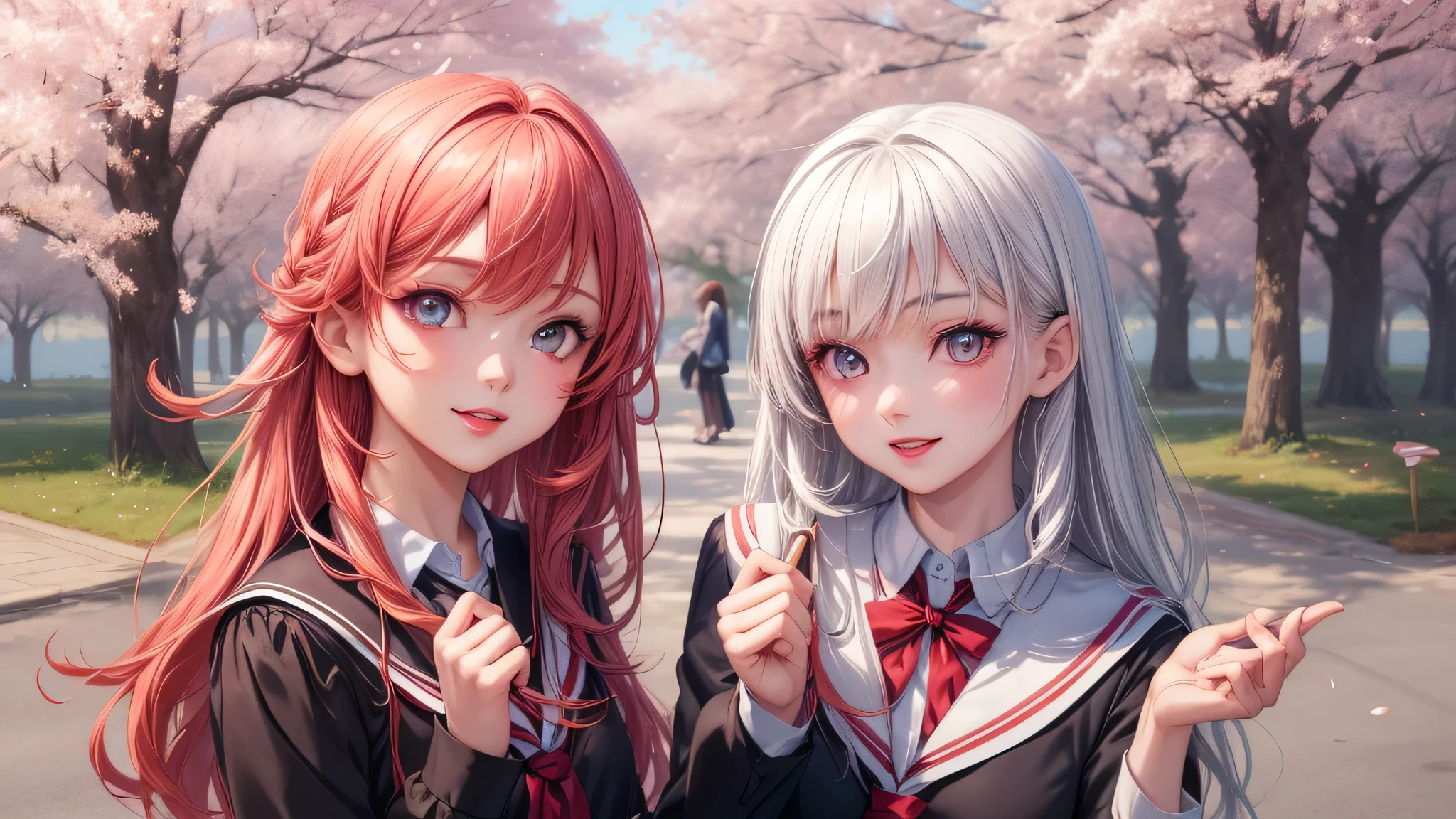 (2 girls:1.2), incredibly beautiful face, compensate, lipstick, enchanting smile, (school uniform, mini skirt:1.2), (highest quality: 1.4), (Super detailed), (highest quality:1.4), (super detailed), evening, (anime illustration), very high resolution, (Upper body), close up face, cherry blossoms, cherry blossoms, school anime,
