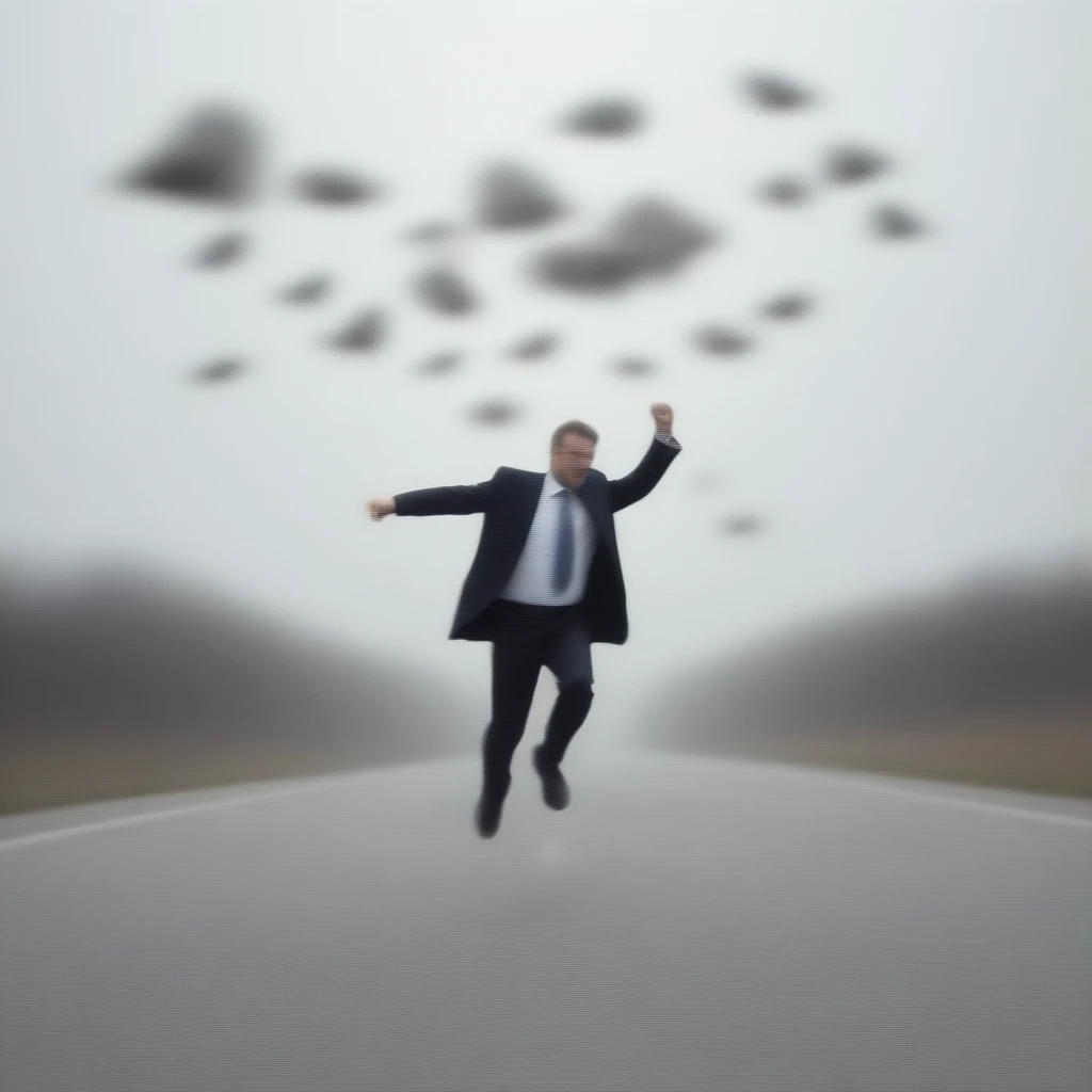 A businessman man runs along a concrete highway and tries to catch banknotes flying in a flock in front and on top of a man, behind a man the symbol of his business is a factory, the factory begins to collapse