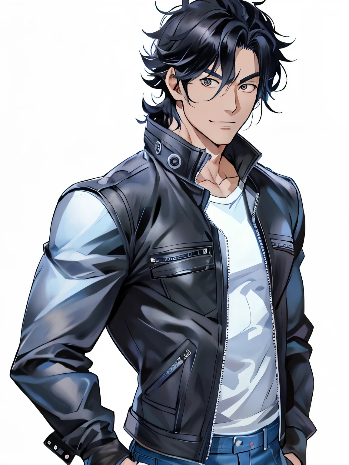 革のジャケットとjeansを着て写真のためにポーズをとるanimeのmale, animeのgood lookingなmale, 青い目をした背の高いanimeのmale, inspired by Okumura Masanobu, good lookingなmaleのanimeのポートレート, Inspired by Hiro Yamagata, デーモンスレイヤーアートのgood lookingなmale, good lookingなanimeのポーズ, animeのmale性キャラクター,male、black hair、good looking、unkempt、30 generations、anime、Black leather jacket、white shirt、jeans、slanted eyes、perfect body、muscular、medium hair、尻に手を当てるmale、ポケットに手を入れるmale、anime風、perfect body、Smile、white background