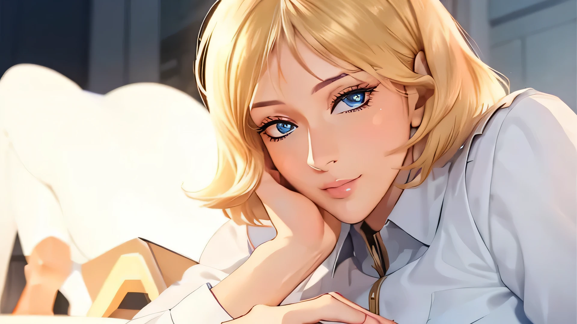 1 girl, Sayla Mass, elegant, masterpiece, Complex, realistic, highest quality, confused, Advanced facial detail, perfect eyes, mature woman, cowboy shot, shape, bright colors、(Lie:1.3)