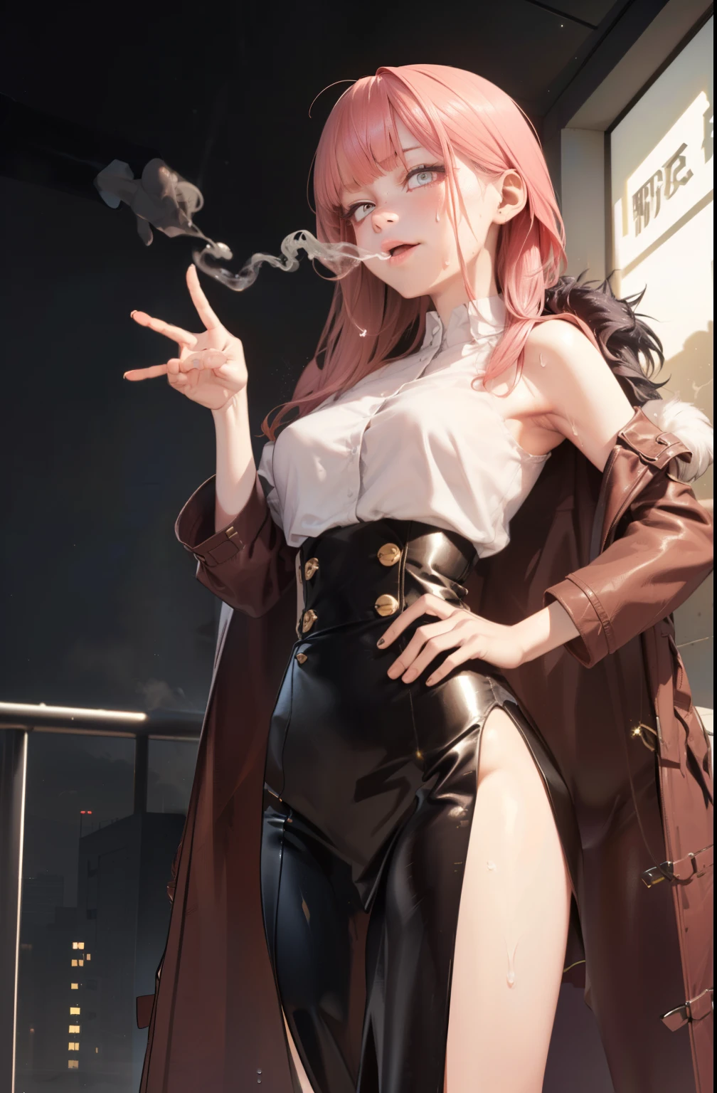 ((masterpiece、high quality、High resolution、4k, 8k, Blue Archive Official Art、live action)),knowledgeable person、detailed face、fine eyes、fine eyes、 (dripping Sweat、oil skin,glowing skin、realistic skin texture、fine and beautiful skin、shiny skin, big breasts、beautiful thighs, mature pretty woman、transparent eyes、sexy、(細い body and limbs,), (random pose) , ((clear eyes、double eyelid、big breasts))、((character : Karin Kakudate Blue Archive))、ぶら下がるbig breastsがシャツから見える、brown coat with fur、night view、night room、dark、lights out、roof of the building、Fluttering Wind、night breeze、かっこいいstanding pose、((thin waist、thin thighs、beautiful feet))、standing pose、((vapor,Sweat,what))、(black leather high waist slit skirt),((stare into the distance, Landscape))、With a bewitching smile、(((blowjob gesture、迸るSweat、oil skin,sparkling skin、realistic skin texture、detailed beautiful skin、shiny skin、shiny skin)))