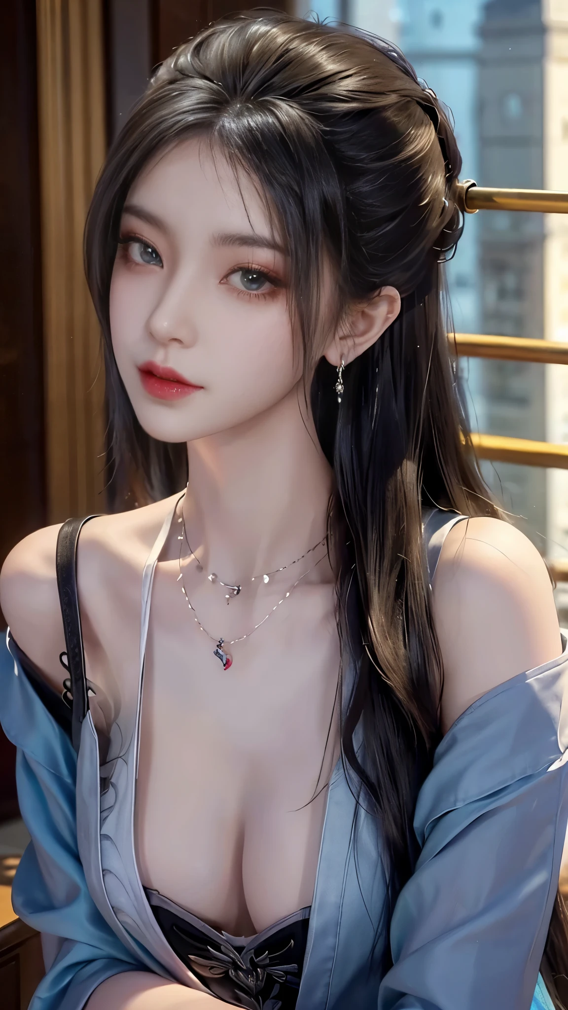((whole body)), ((from below)), Yushuxin,1 girl,alone, ((stand up, leaning on ledge)), ((lean forward)), ((The features are clear, clear face, clear face)), red lips, cosmetics, close-up, elegant姿势, seductive pose, Perfect Curve, Slim, Sexy, big breasts, split, beautiful legs, charming gaze, bite lip, messy long hair, Simple and casual scene, Very detailed, Ultra-clear, best quality, official art, exquisite earrings, exquisite necklace, Very detailed description, Super beautiful painting, Sophisticated functionality, elegant, beautiful, Super fine details, masterpiece, Authentic texture, Realistic movie lighting, masterpiece, best quality