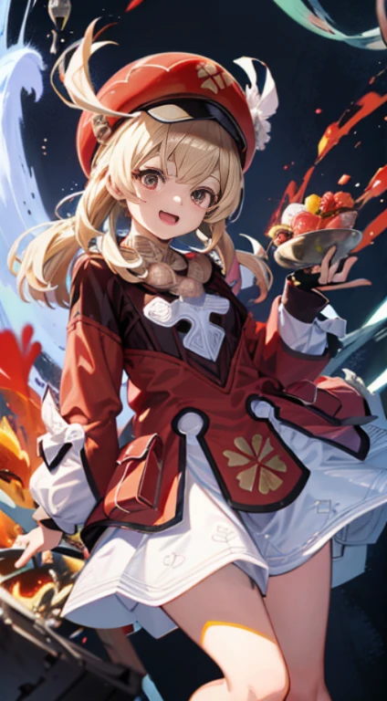 （8k，best quality，masterpiece），Ultra-detailed，（High detail skin），Bird in front of mouse in hat and wreath, Splash art anime , Lovely，laugh out loud，little girl, Red translucent eyes，blond hair，two little braids，height 1.2 meters，red clothes，Red Hat，Small curves , pure, zero art, Fire Emblem Edelgard, from, Shirai, style, official artwork, alchemist girl