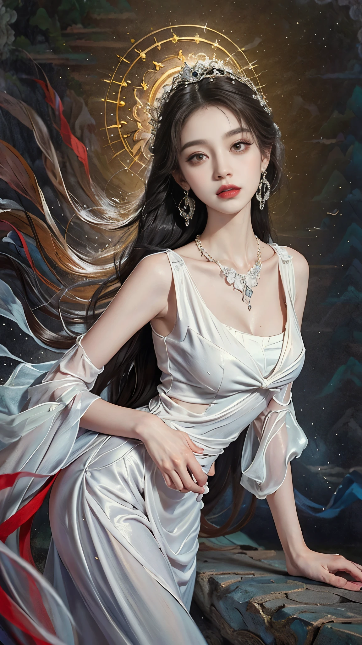 ((whole body)), ((from below)), Yushuxin,1 girl,alone, ((stand up, leaning on ledge)), ((lean forward)), ((The features are clear, clear face, clear face)), red lips, cosmetics, close-up, elegant姿势, seductive pose, Perfect Curve, Slim, Sexy, big breasts, split, beautiful legs, charming gaze, bite lip, messy long hair, Simple and casual scene, Very detailed, Ultra-clear, best quality, official art, exquisite earrings, exquisite necklace, Very detailed description, Super beautiful painting, Sophisticated functionality, elegant, beautiful, Super fine details, masterpiece, Authentic texture, Realistic movie lighting, masterpiece, best quality