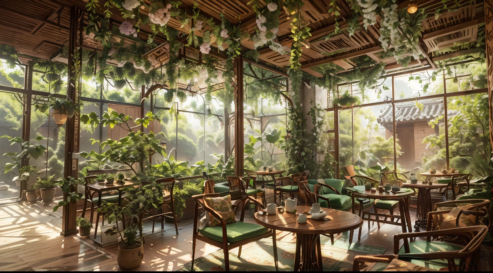 Green coffee shop decorated with flowers and vines for an elegant atmosphere. (Best quality, high resolution), (Bright, vibrant colours), (Detailed, realistic), Decorated with flowers and vines for an elegant atmosphere. Floral decorations on the walls create a warm and cosy atmosphere. Wooden furniture such as Chinese tables and chairs are also scattered around for guests to relax. The style is reminiscent of V-Ray's squint tracking.