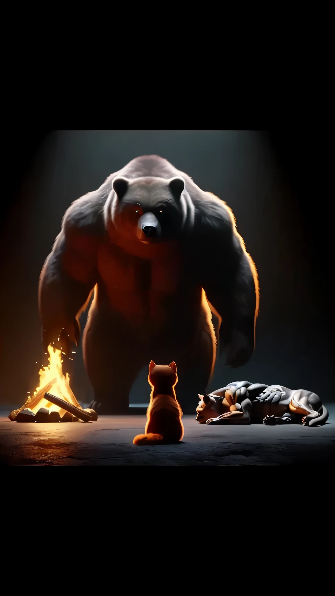 a close up of a bear and a cat near a fire, 3 d animated movie, 3 d epic illustrations, love death and robots, animated movie scene, global illumination. vfx, bears, amazing cgi, by Adam Marczyński, animated film, beast, giant bear human hybrid, bear, by Hristofor Zhefarovich, 4K