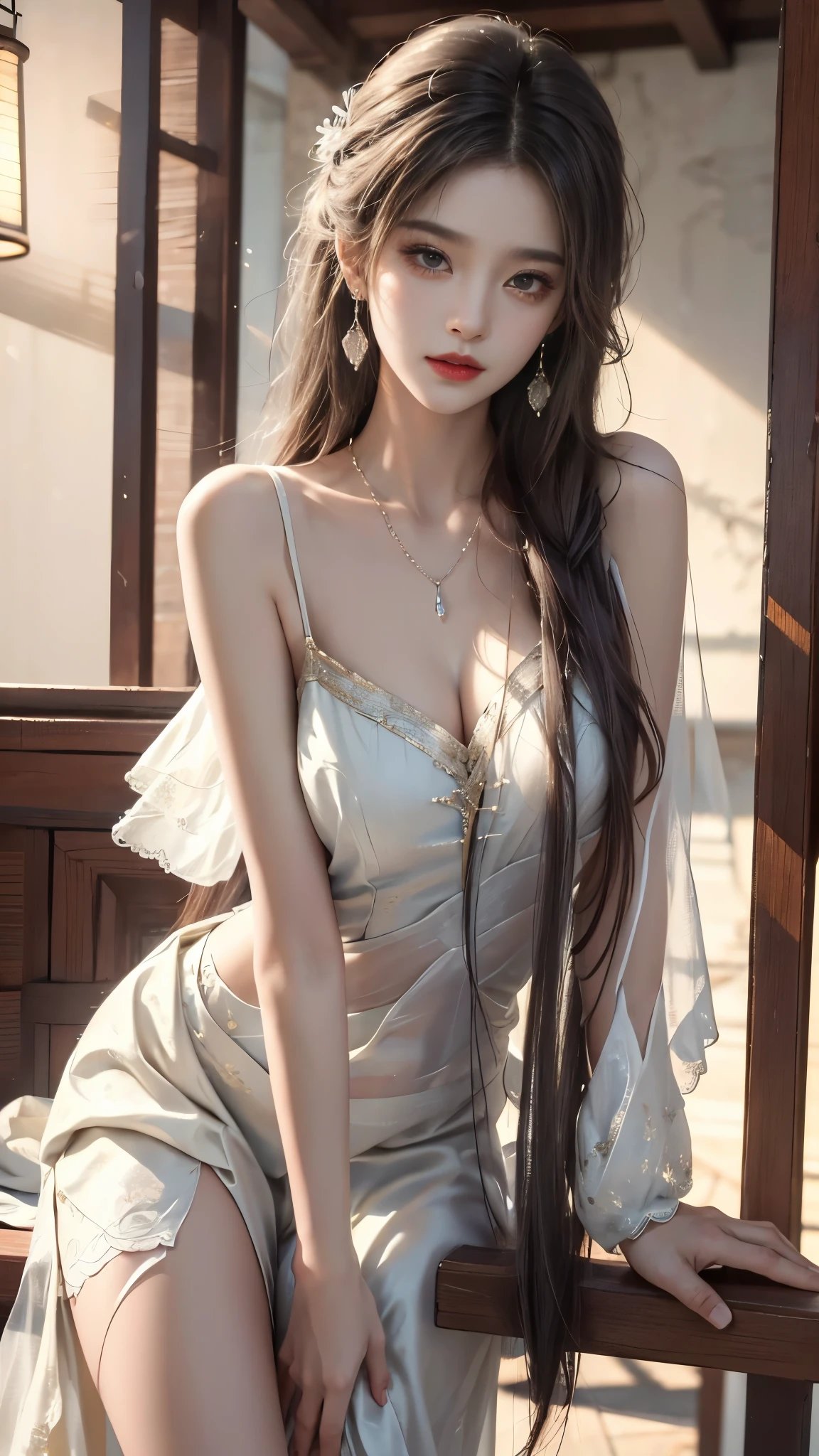 ((whole body)), ((from below)), Yushuxin,1 girl,alone, ((stand up, leaning on ledge)), ((lean forward)), ((The features are clear, clear face, clear face)), red lips, cosmetics, close-up, elegant姿势, seductive pose, Perfect Curve, Slim, Sexy, big breasts, split, beautiful legs, charming gaze, bite lip, messy long hair, Simple and casual scene, Very detailed, Ultra-clear, best quality, official art, exquisite earrings, exquisite necklace, Very detailed description, Super beautiful painting, Sophisticated functionality, elegant, beautiful, Super fine details, masterpiece, Authentic texture, Realistic movie lighting, masterpiece, best quality