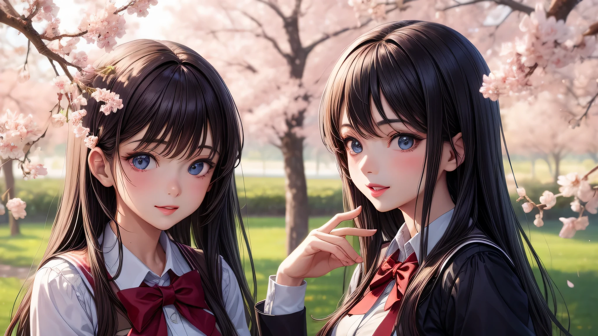 (2 girls:1.2), incredibly beautiful face, compensate, lipstick, enchanting smile, (school uniform, mini skirt:1.2), (highest quality: 1.4), (Super detailed), (highest quality:1.4), (super detailed), evening, (anime illustration), very high resolution, (Upper body), close up face, cherry blossoms, cherry blossoms, school anime, anime illustration,