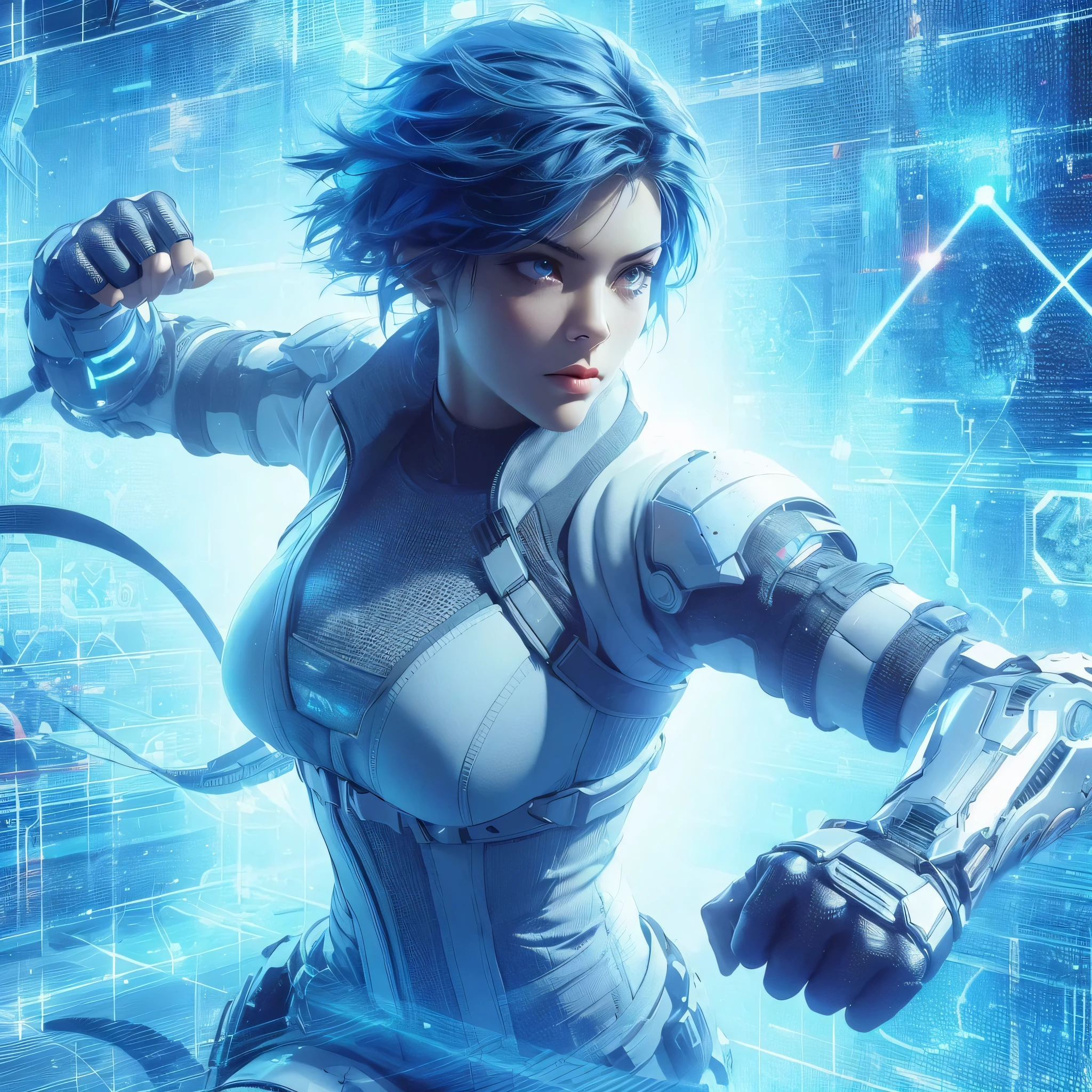a novelistic picture of a woman warrior with short blue hair wearing a sci-fi white futuristic gear, she is a sci-fi fighter in a sci-fi holographic world. show her fighting