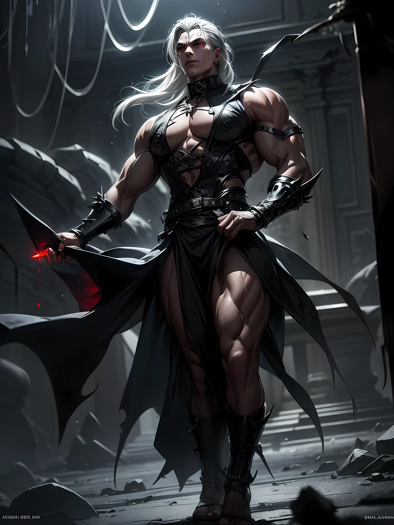 My demon form is no more than a reflection of my personality in mortal form. It is tall, lanky and lean, with pointed ears, long limbs, and sharp features. My skin is pale and smooth, devoid of much of the texture or color found in humans. I wear simple, black robes that blend into the shadows, concealing as much of me as possible. My eyes are red and menacing, with flames burning within them. Male, bara, huge male figure