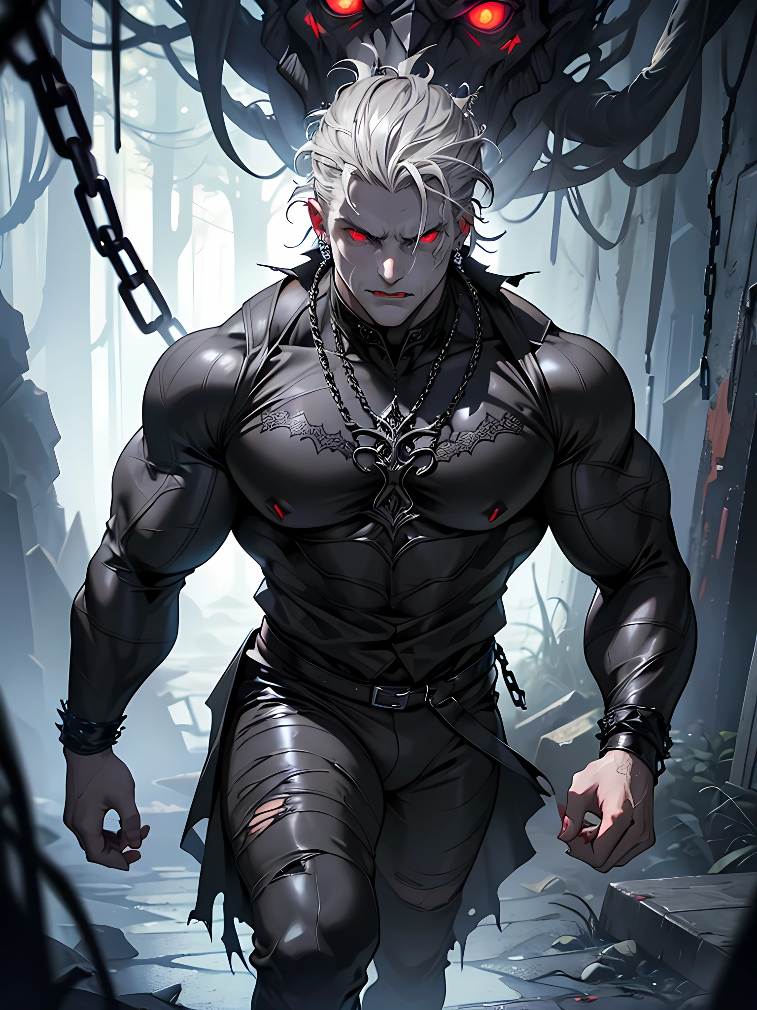 He has long, flowing white hair. His piercing white eyes shine with intensity. Clad in sleek black attire adorned with a mysterious hood, he exudes an aura of enigma. Towering with an imposing stature and a chiseled physique, he commands attention and respect. He is a Grimreaper by trade.