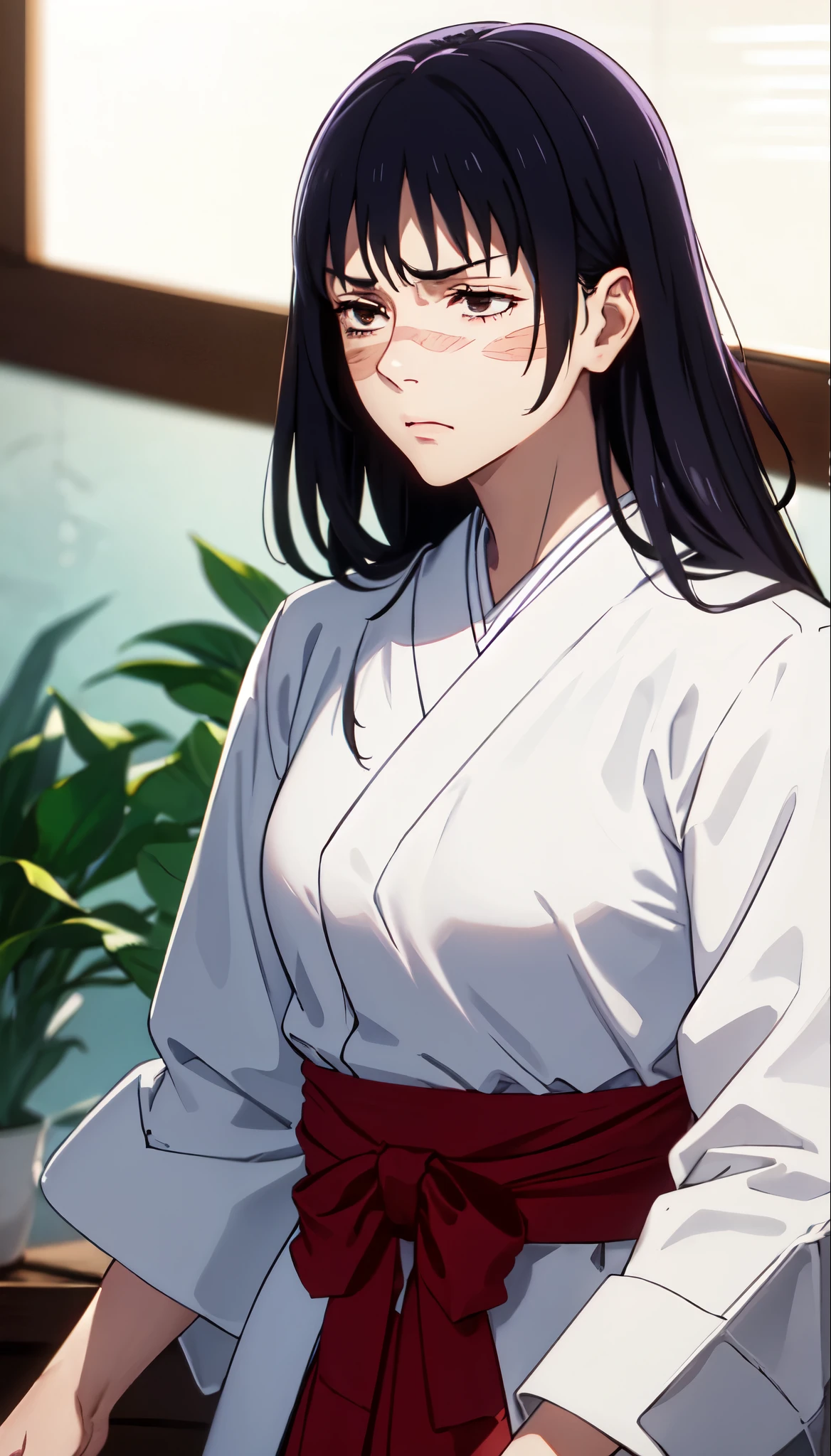 photorealistic, (4k), depth of field, (Masterpiece), (realistic skin texture), extremely detailed, intricate, hyper detailed, professional photography, bokeh, high resolution, sharp detail, best quality, woman, long hair, purple hair, ponytail, brown eyes, scar on face, white hairbow, red hakama, aUtahime, dynamic pose, (arms behind her back),  open window, light rays, windowsill, annoyed,