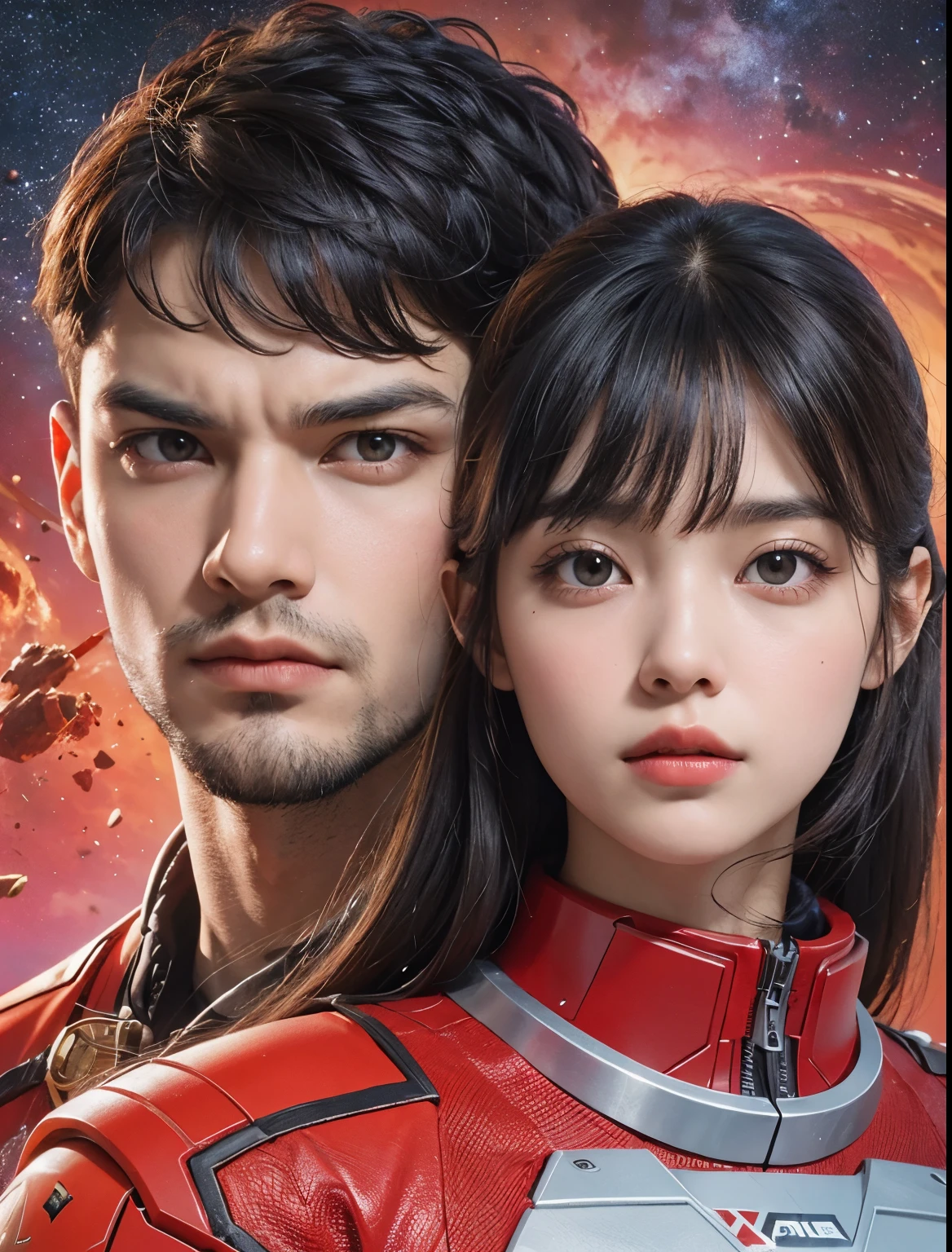 One handsome man and one beautiful woman. The two are in their early twenties. The two are looking at the camera with angry expressions. Both men are wearing red SS uniforms. Images of Mars and outer space appear in the space behind them.TThe man has his bangs down.he man has black hair and the woman has dark brown hair.