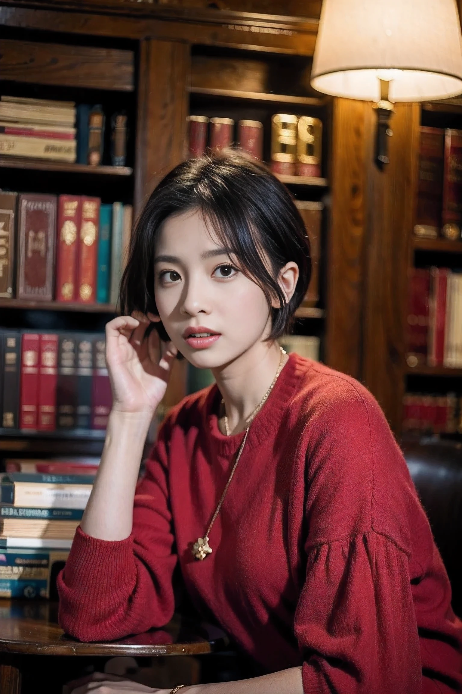 Realistic photography, 8k ,Beautiful woman with short hair ,library bookshelf
