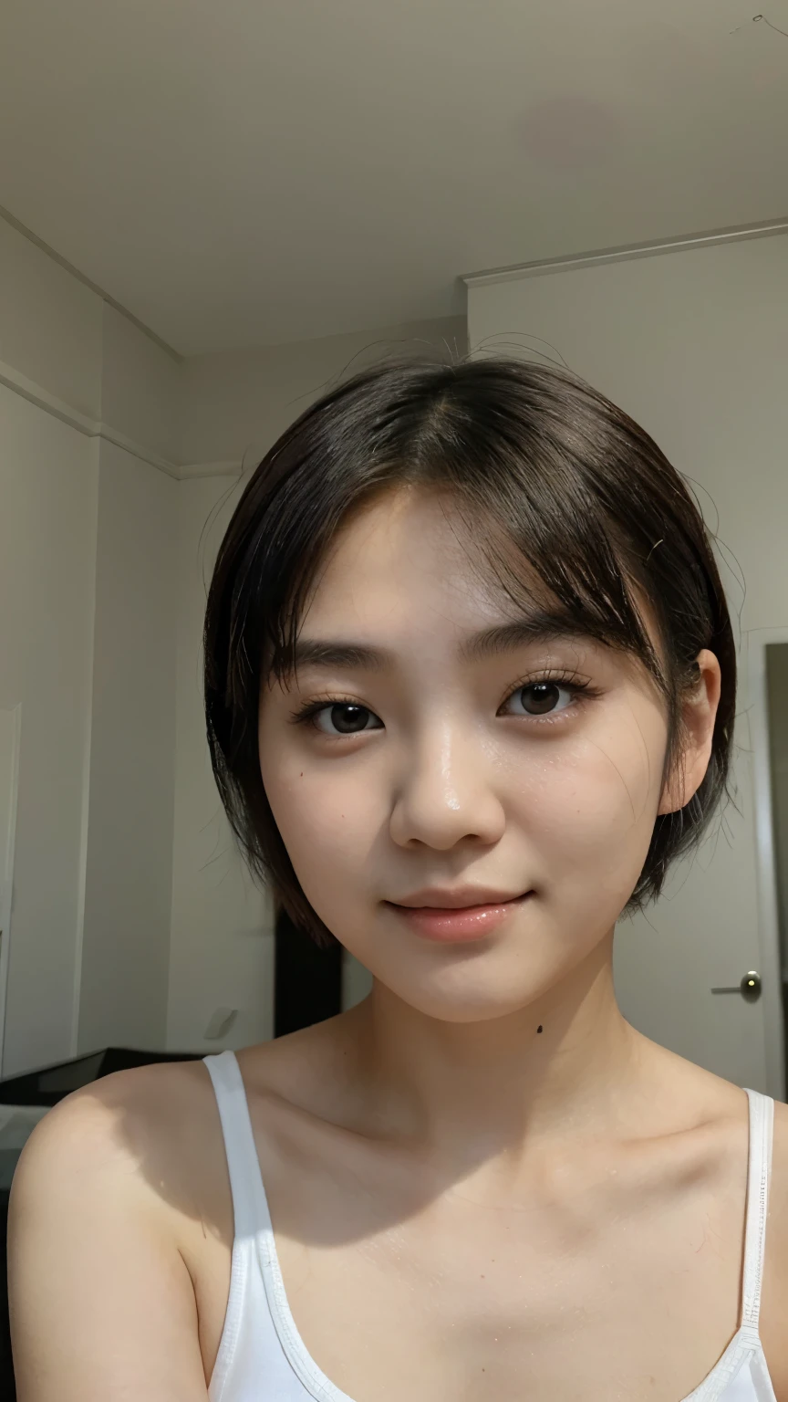 Chinese teen girl (17 years old) selfies, inside a room, night time ((best quality)), ((masterpiece)), (detailed), perfect face, ((white bed with gray walls, lamp turn off))((short hair, chubby face, asian, Chinese girl)) close up selfie, Close-up of a woman in a white tank top posing for a photo, chinese girl, gorgeous young Chinese woman, beautiful Chinese woman, beautiful young chinese woman, Cute girl - well-groomed face, young adorable korean face, face of young cute asian man, Nam Jae Young, That's a cute Korean face, nice delicate face, Ulzzang, cute - well-groomed - face, smiles, squint eyes