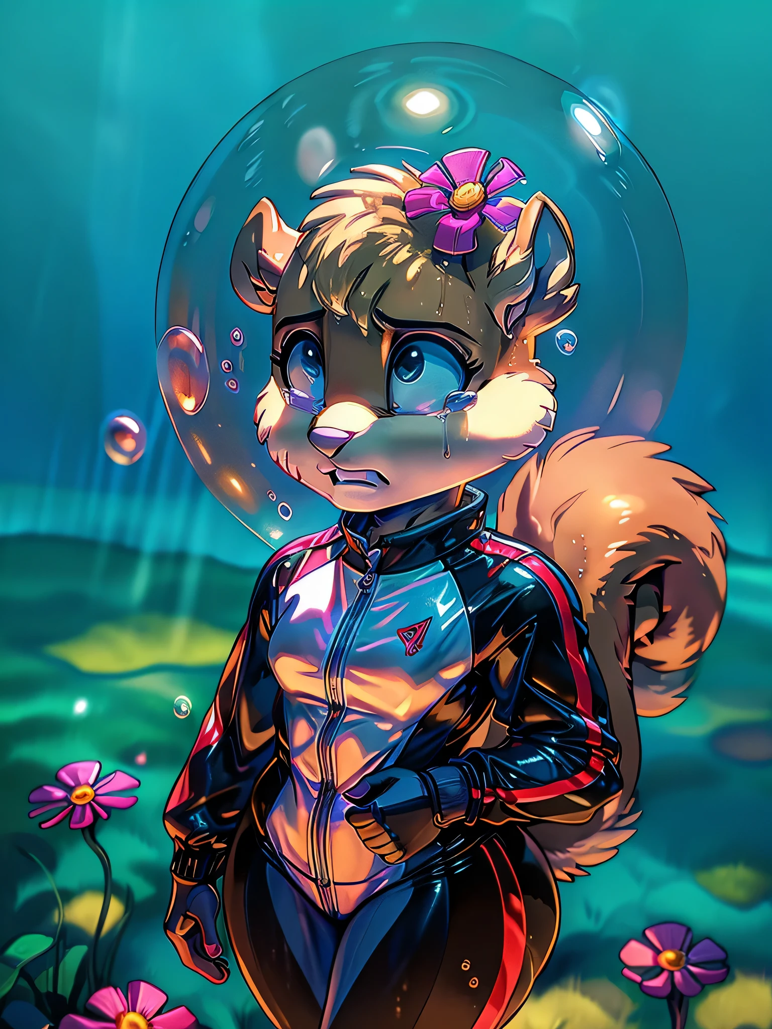 Best quality, Masterpiece:1), solo, fluffy female with sandy cheeks, Squirrel Girl, standing, sports suit, tight clothing, bubble helmet, flower on the helmet, bare teeth, suit yellow-black, Yellow clothes, black clothes, gym clothes, Small thighs, slim, Black eyes, wide eyes, Under the water, Bubbles, (blue sky, coral clouds in the background:1.1) Sad, upset, tired, night, bladerunner 2049, upper body, crying, tears,