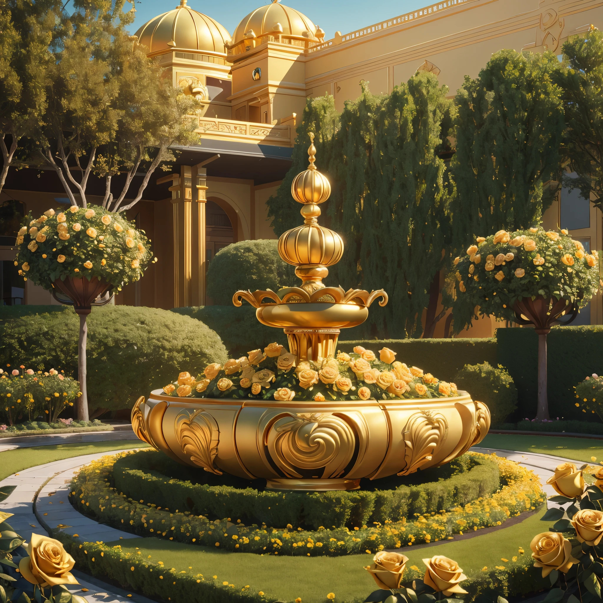 UHD, retina, ccurate, anatomically correct, award winning, highres, best aesthetic, ultra high res, distinct, ultra detailed, best quality, high quality, ultra quality, 16k, high details, high resolution, detailed, masterpiece, beautiful, best quality, ((Golden rose garden, Golden Palace))