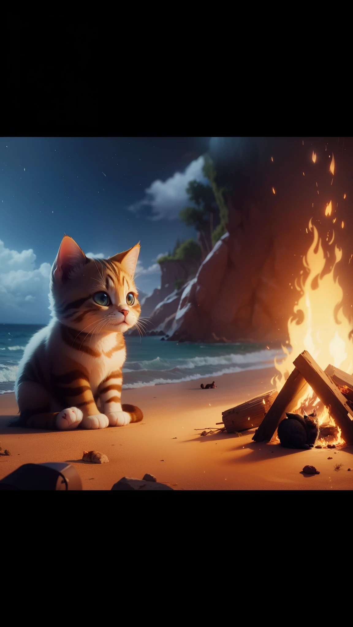there is a cat sitting next to a campfire on the beach, kitten sandwish, adorable digital painting, new cats movie, disney's bambi cat, animated film, animated movie scene, frame from pixar movie, magical scene, 😃😀😄☺🙃😉😗, warm beautiful scene, summer unreal engine 5, the cutest kitten ever, inspired by Cyril Rolando