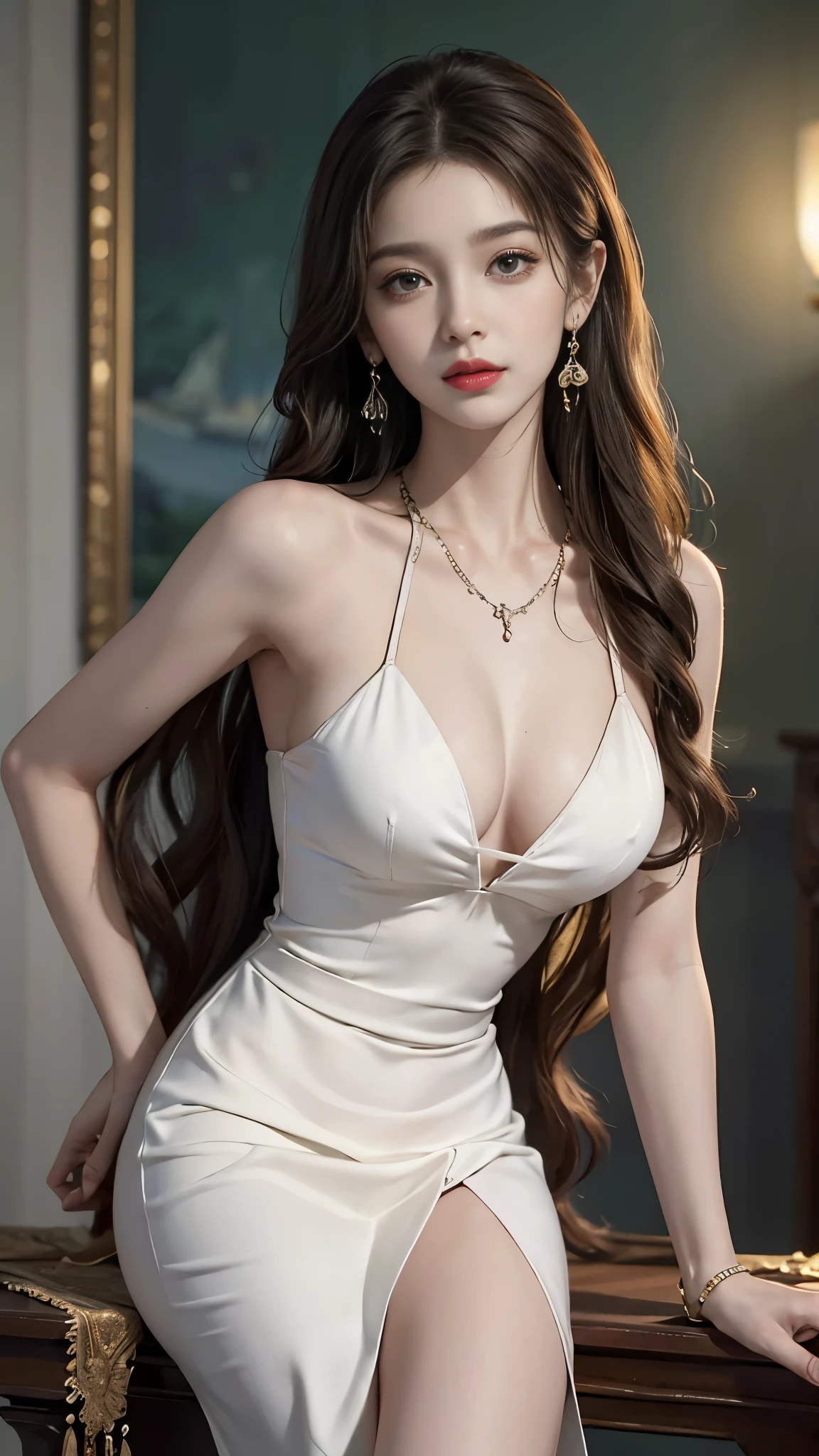 ((whole body)), ((from below)), Yushuxin,1 girl,alone, ((stand up, leaning on ledge)), ((lean forward)), ((The features are clear, clear face, clear face)), red lips, cosmetics, close-up, elegant姿势, seductive pose, Perfect Curve, Slim, Sexy, big breasts, split, beautiful legs, charming gaze, bite lip, messy long hair, Simple and casual scene, Very detailed, Ultra-clear, best quality, official art, exquisite earrings, exquisite necklace, Very detailed description, Super beautiful painting, Sophisticated functionality, elegant, beautiful, Super fine details, masterpiece, Authentic texture, Realistic movie lighting, masterpiece, best quality