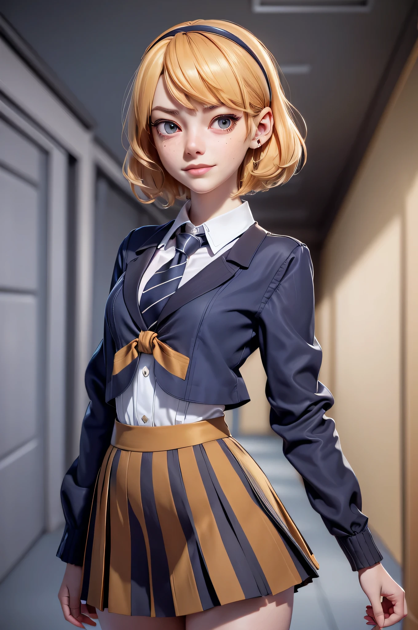 3mm4s, Emma Stone, , gynoid physics, (One:1.1), Emma Stone, perfect face, (((night color striped headband))), (((night skirt suit))), (((pleated school miniskirt))), (((night color jacket))), (((Silk tie))), Windsor tie, (((White shirt))), cup size D, (((Night color miniskirt with 1 horizontal gold stripe))), One focus, fully dressed, elegantly dressed, smiling, careless styling, short hair, Red hair, grey eyes, beautiful detailed eyes，bright students，（very good and beautiful），（Beautiful and detailed description of the eyes), [[gentle fingers and hands:0.55]::0.85], (detail fingers), Facing the camera, (Background with：school corridor，mystical atmosphere), (Illustration, cartoon, Masterpiece, very detailed, Best quality，cinematic lighting，muted colors, detailed background, A high resolution)