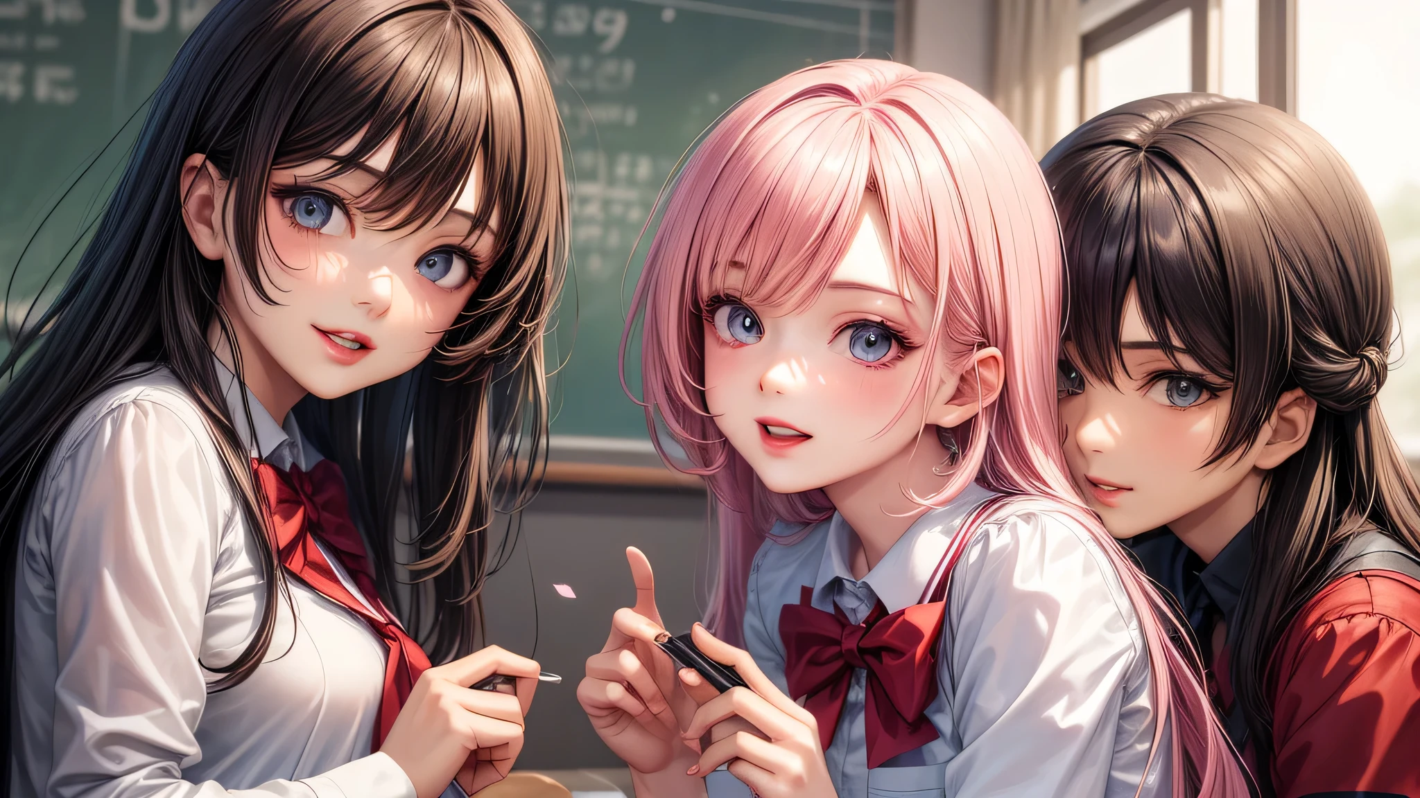 (2 girls:1.2), incredibly beautiful face, compensate, lipstick, enchanting smile, (school uniform, mini skirt:1.2), (highest quality: 1.4), (Super detailed), (highest quality:1.4), (super detailed), evening, (anime illustration), very high resolution, (Upper body), close up face, cherry blossoms, (School, classroom), School anime, anime illustration,