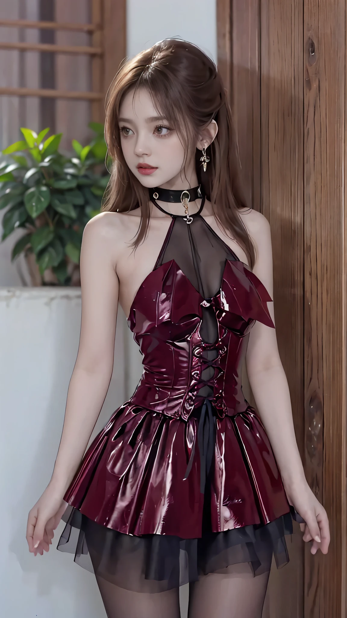 ((whole body)), ((from below)), Yushuxin,1 girl,alone, ((stand up, leaning on ledge)), ((lean forward)), ((The features are clear, clear face, clear face)), red lips, cosmetics, close-up, elegant姿势, seductive pose, Perfect Curve, Slim, Sexy, big breasts, split, beautiful legs, charming gaze, bite lip, messy long hair, Simple and casual scene, Very detailed, Ultra-clear, best quality, official art, exquisite earrings, exquisite necklace, Very detailed description, Super beautiful painting, Sophisticated functionality, elegant, beautiful, Super fine details, masterpiece, Authentic texture, Realistic movie lighting, masterpiece, best quality