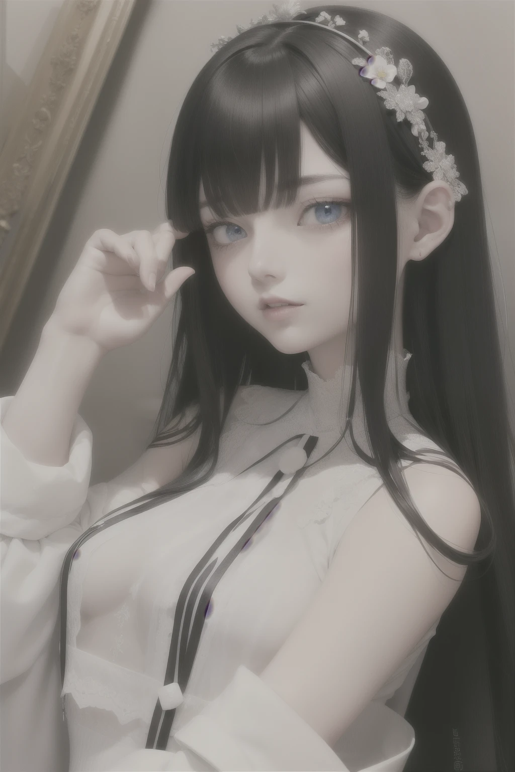 highest quality, masterpiece,black hair, blue eyes, look up, Upper body