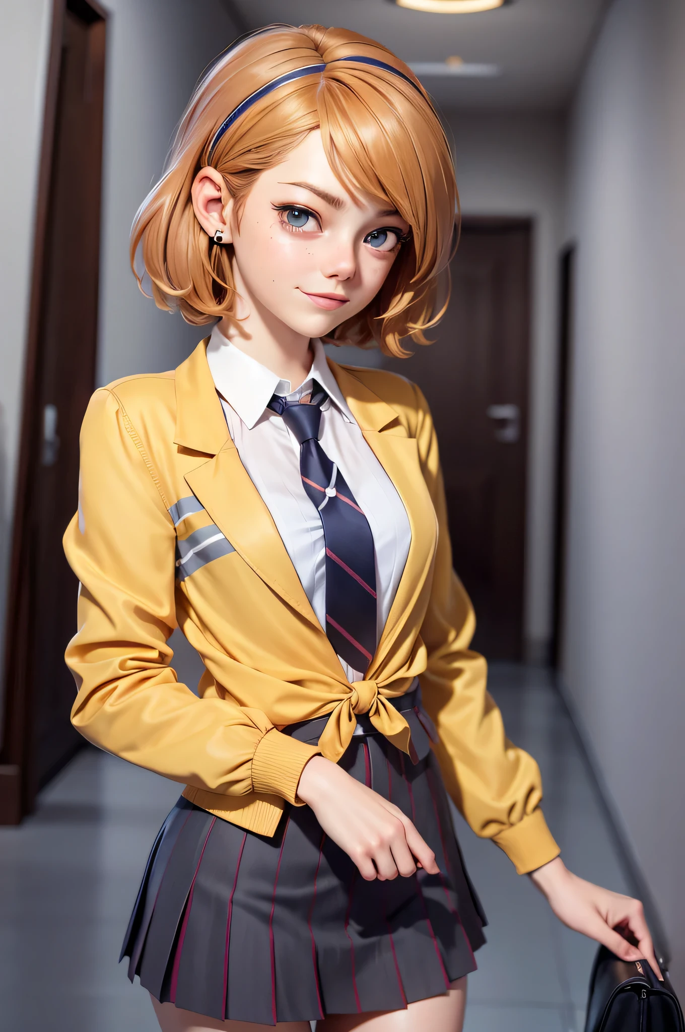 3mm4s, Emma Stone, 16 years, (One:1.1), Emma Stone, perfect face, (((night color striped headband))), (((night skirt suit))), (((pleated school miniskirt))), (((night color jacket))), (((Silk tie))), Windsor tie, (((White shirt))), cup size D, (((Night color miniskirt with 1 horizontal gold stripe))), One focus, fully dressed, elegantly dressed, smiling, careless styling, short hair, Red hair, grey eyes, beautiful detailed eyes，bright students，（very good and beautiful），（Beautiful and detailed description of the eyes), [[gentle fingers and hands:0.55]::0.85], (detail fingers), Facing the camera, (Background with：school corridor，mystical atmosphere), (Illustration, cartoon, Masterpiece, very detailed, Best quality，cinematic lighting，muted colors, detailed background, A high resolution)