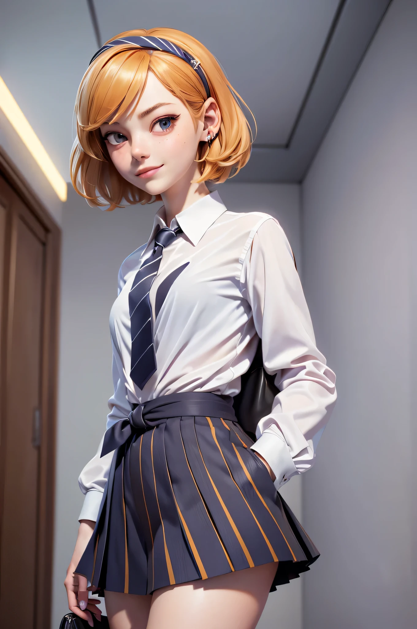 3mm4s, Emma Stone, , (One:1.1), Emma Stone, perfect face, (((night color striped headband))), (((night skirt suit))), (((pleated school miniskirt))), (((night color jacket))), (((Silk tie))), Windsor tie, (((White shirt))), cup size D, (((Night color miniskirt with 1 horizontal gold stripe))), One focus, fully dressed, elegantly dressed, smiling, careless styling, short hair, Red hair, grey eyes, beautiful detailed eyes，bright students，（very good and beautiful），（Beautiful and detailed description of the eyes), [[gentle fingers and hands:0.55]::0.85], (detail fingers), Facing the camera, (Background with：school corridor，mystical atmosphere), (Illustration, cartoon, Masterpiece, very detailed, Best quality，cinematic lighting，muted colors, detailed background, A high resolution)