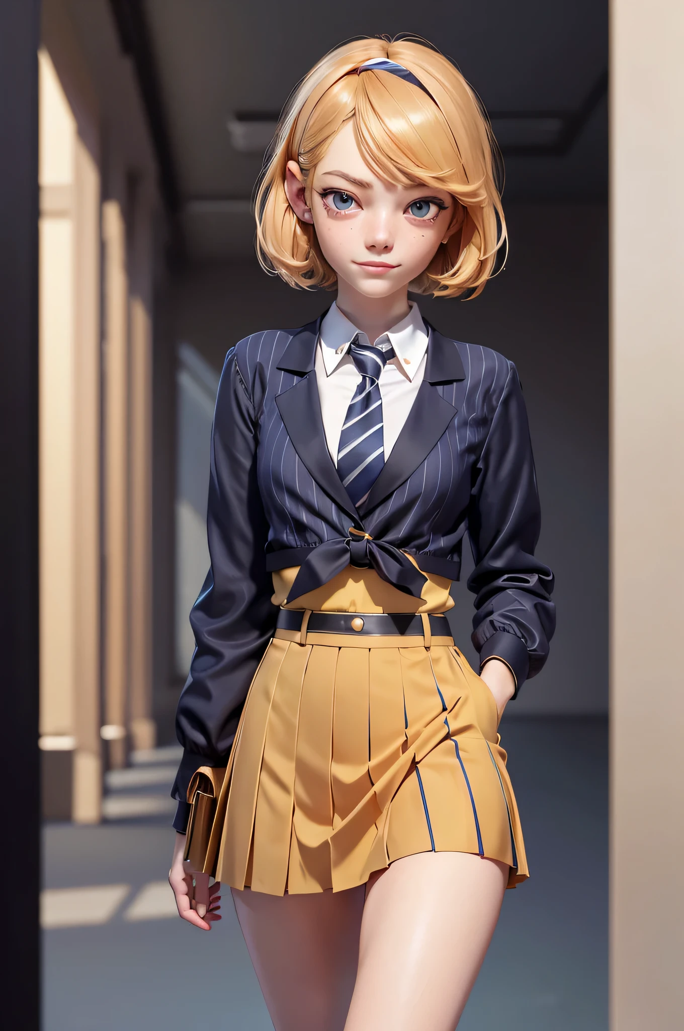 3mm4s, Emma Stone, , (One:1.1), Emma Stone, perfect face, (((night color striped headband))), (((night skirt suit))), (((pleated school miniskirt))), (((night color jacket))), (((Silk tie))), Windsor tie, (((White shirt))), cup size D, (((Night color miniskirt with 1 horizontal gold stripe))), One focus, fully dressed, elegantly dressed, smiling, careless styling, short hair, Red hair, grey eyes, beautiful detailed eyes，bright students，（very good and beautiful），（Beautiful and detailed description of the eyes), [[gentle fingers and hands:0.55]::0.85], (detail fingers), Facing the camera, (Background with：school corridor，mystical atmosphere), (Illustration, cartoon, Masterpiece, very detailed, Best quality，cinematic lighting，muted colors, detailed background, A high resolution)