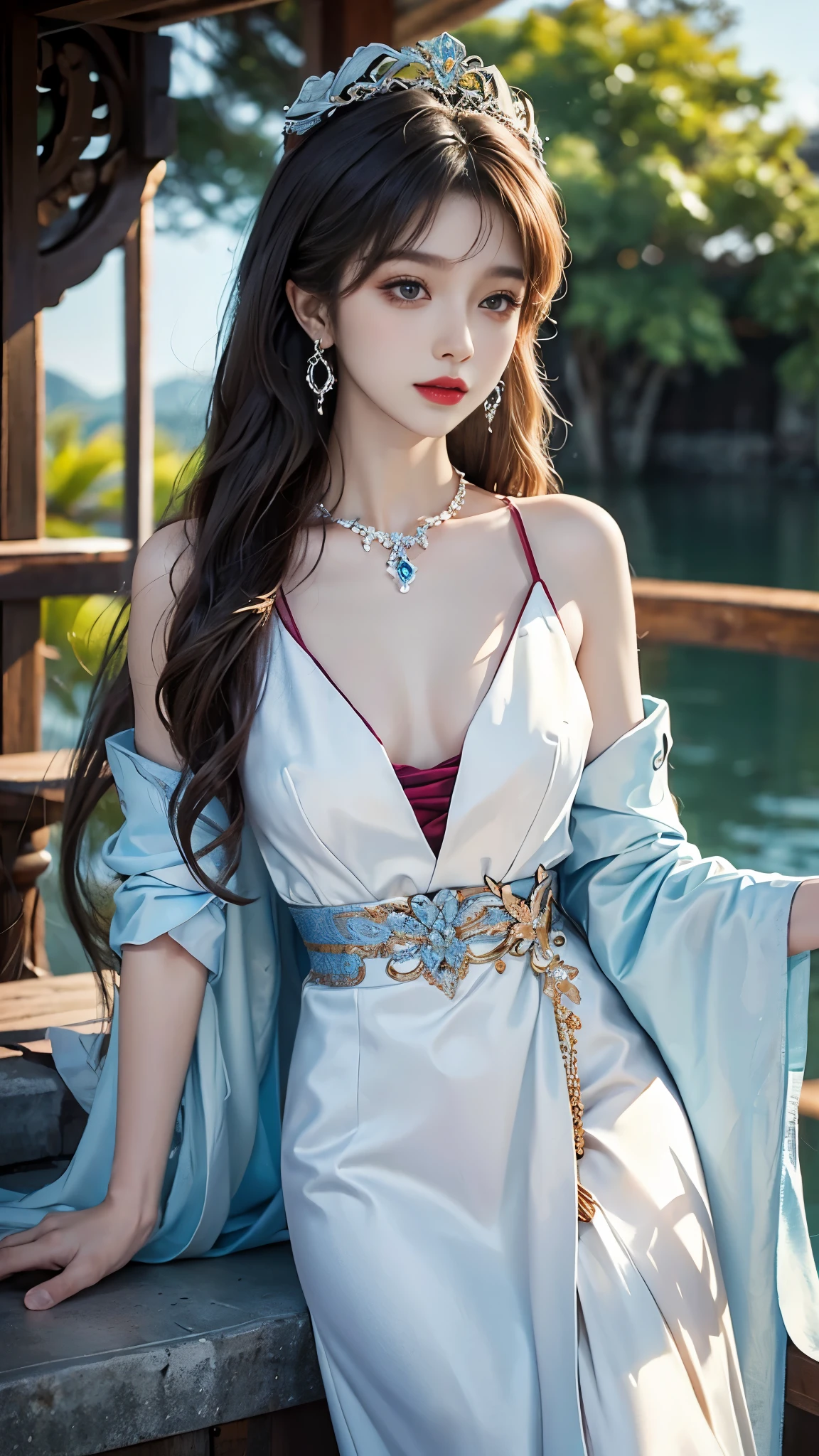 ((whole body)), ((from below)), Yushuxin,1 girl,alone, ((stand up, leaning on ledge)), ((lean forward)), ((The features are clear, clear face, clear face)), red lips, cosmetics, close-up, elegant姿势, seductive pose, Perfect Curve, Slim, Sexy, big breasts, split, beautiful legs, charming gaze, bite lip, messy long hair, Simple and casual scene, Very detailed, Ultra-clear, best quality, official art, exquisite earrings, exquisite necklace, Very detailed description, Super beautiful painting, Sophisticated functionality, elegant, beautiful, Super fine details, masterpiece, Authentic texture, Realistic movie lighting, masterpiece, best quality