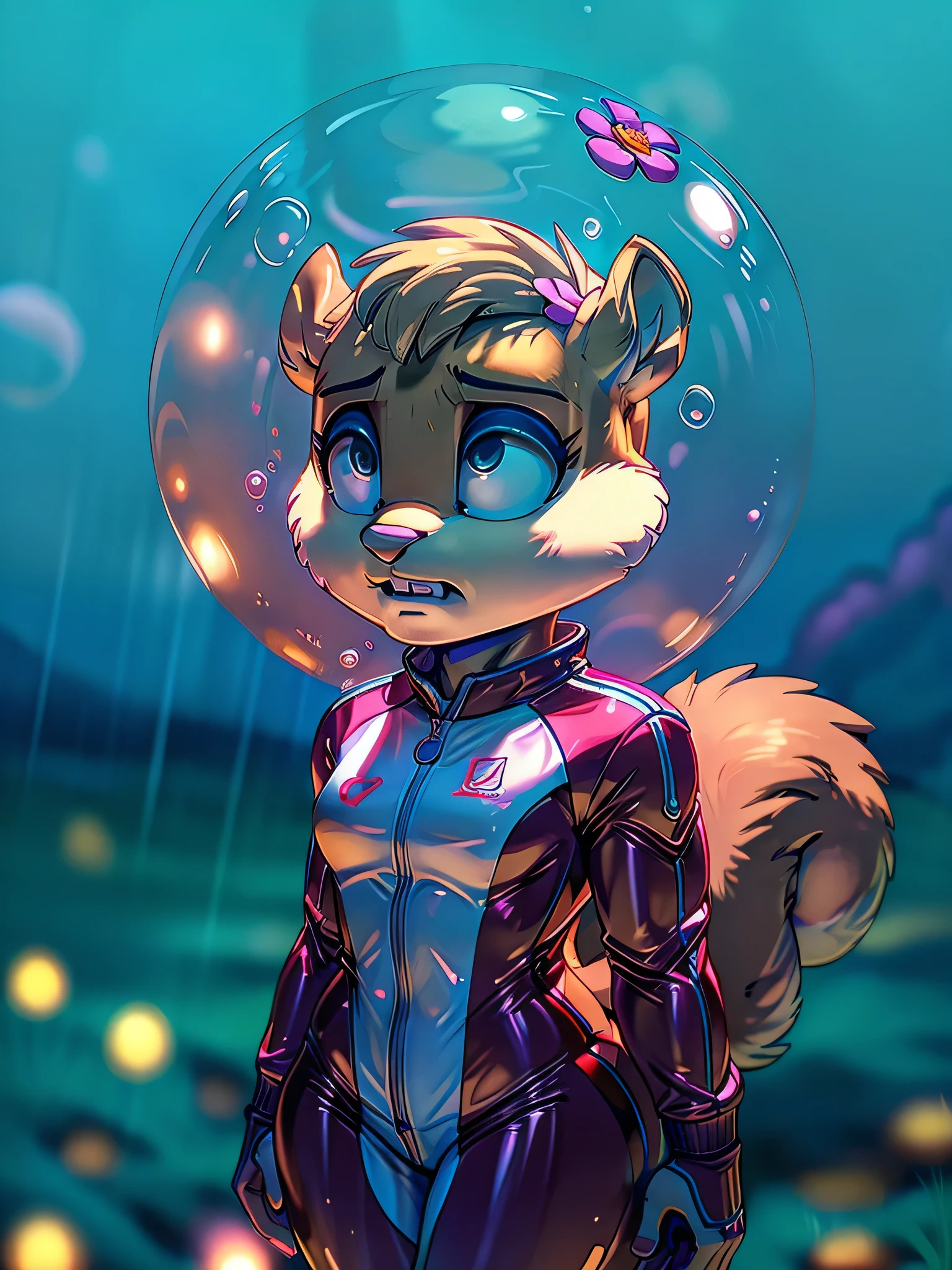 Best quality, Masterpiece:1), solo, fluffy female with sandy cheeks, Squirrel Girl, standing, sports suit, tight clothing, bubble helmet, flower on the helmet, bare teeth, suit yellow-black, Yellow clothes, black clothes, gym clothes, Small thighs, slim, Black eyes, wide eyes, Under the water, Bubbles, (blue sky, coral clouds in the background:1.1) Sad, upset, tired, night, bladerunner 2049, upper body,