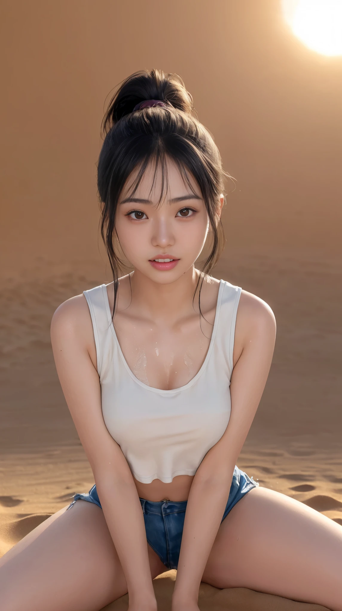 最high quality、high quality、best image quality、8k、最High resolution、High resolution、最high quality、masterpiece、RAW photo、whole body写真、((whole body映像))、Realistic human body in every detail、Realistic skin in every detail、Realistic face in every detail、Realistic eyes down to the details、Realistic lips in every detail、Realistic teeth in every detail、Realistic ears down to the last detail、Realistic hair down to the last detail、Realistic arms down to the last detail、Realistic reproduction of every detail、Realistic fingers in every detail、(fine hands、thumb1reference4)、Realistic feet in every detail、Realistic feet in every detail、Realistic breasts down to the last detail、((beautiful japanese girl))、(japanese model), (japanese woman)、((18 year old beautiful girl))、(black hair)、(straight hair)、(ponytail)、((whole body))、((beautiful upturned chest))、(stylish slim style)、(whole body光沢肌、Fair skin)、Detailed and realistic human body、detailed realistic skin、detailed realistic face、detailed realistic arms、detailed realistic fingers、Detailed realistic feet、detailed realistic breasts、Scorching sunshine、Vast desert area、dunes、sandstorm、A world of sand that spreads 360 degrees、((Girl stranded in the middle of the Sahara desert))、((girl walking on the sand(The scorching sun can be seen in the background))、(whole bodyから大量の汗:1.5)、((It becomes transparent due to a lot of sweat(crop top tank top))、((sweaty skin from head to toe))、((汗で濡れたcrop top tank topが肌に張り付く))、((sweat dripping from the skin))
