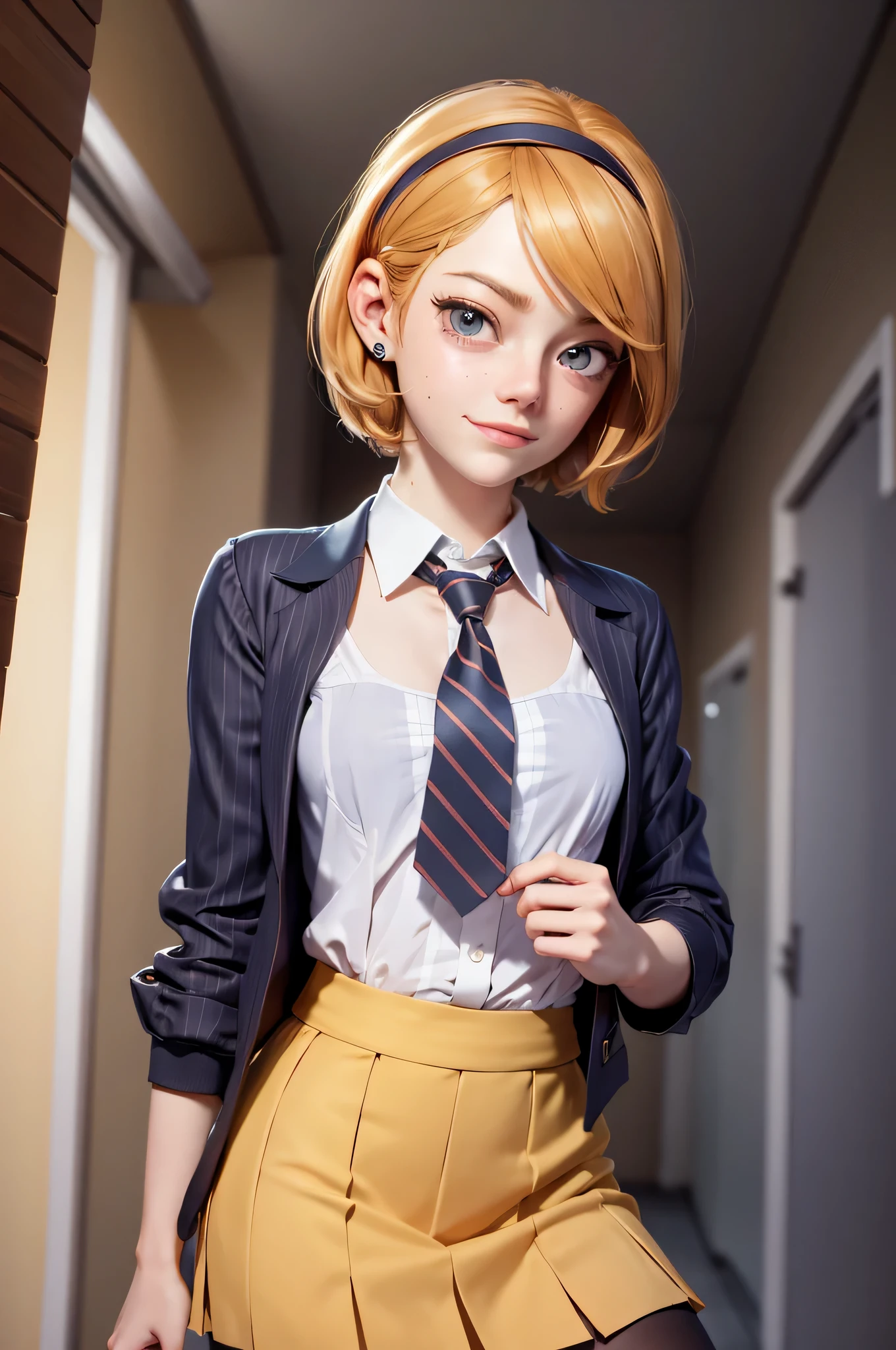 3mm4s, Emma Stone, , gynoid physics, (One:1.1), Emma Stone, perfect face, (((night color striped headband))), (((night skirt suit))), (((pleated school miniskirt))), (((night color jacket))), (((Silk tie))), Windsor tie, (((White shirt))), cup size D, (((Night color miniskirt with 1 horizontal gold stripe))), One focus, fully dressed, elegantly dressed, smiling, careless styling, short hair, Red hair, grey eyes, beautiful detailed eyes，bright students，（very good and beautiful），（Beautiful and detailed description of the eyes), [[gentle fingers and hands:0.55]::0.85], (detail fingers), Facing the camera, (Background with：school corridor，mystical atmosphere), (Illustration, cartoon, Masterpiece, very detailed, Best quality，cinematic lighting，muted colors, detailed background, A high resolution)